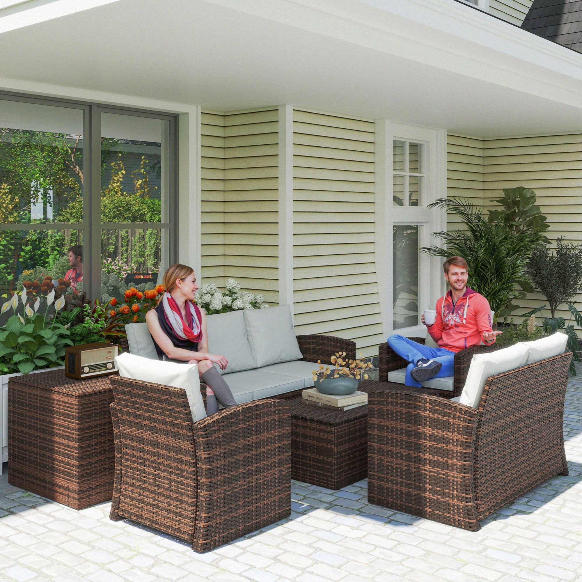 Outsunny Conjunto de Jardín Exterior de Ratán, Conjunto Terraza, Muebles Jardín Exterior 6 Piezas Incluye Cojines, Sofá Doble, Sofá 3 Plazas, 2 Sillones, 2 Mesas Auxiliares con Almacenamiento, Beige