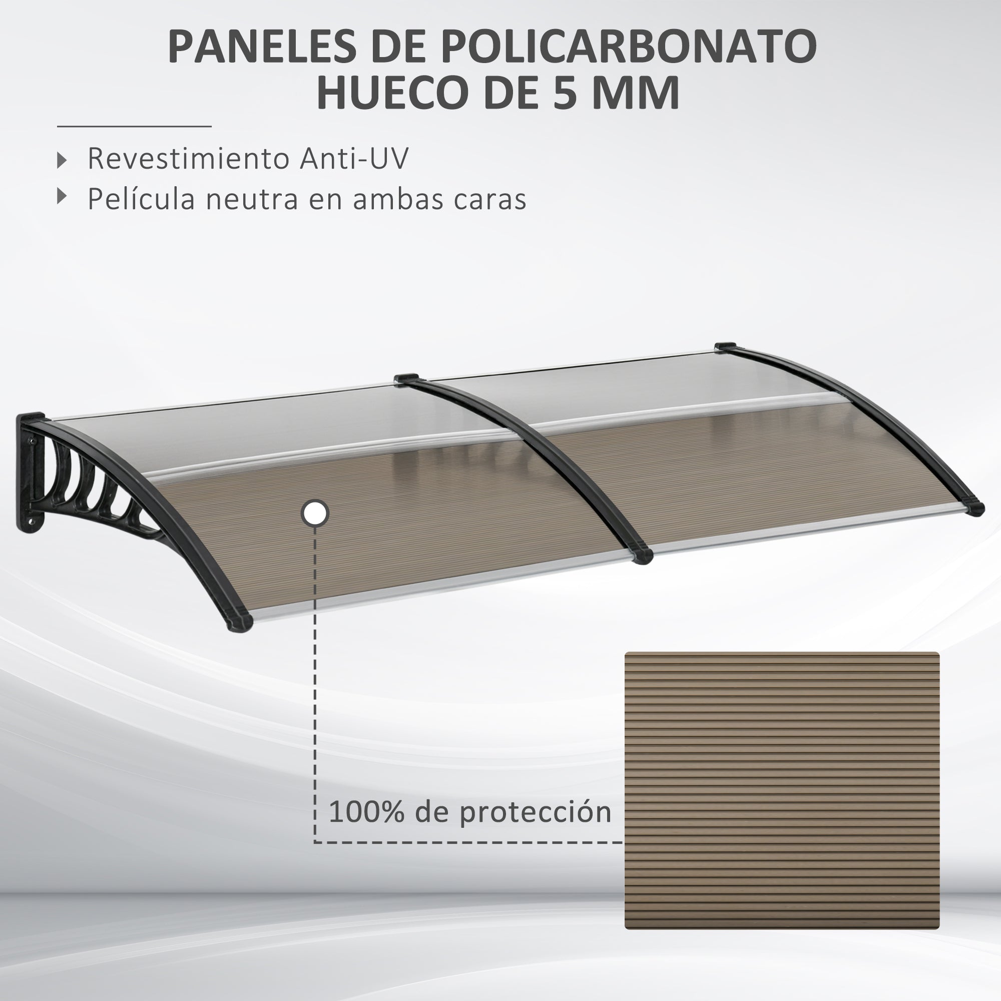 Outsunny Tejadillo de Protección 200x96 cm Marquesina Exterior para Puertas y Ventanas contra Sol y Lluvia con Soporte de PP Policarbonato Marrón