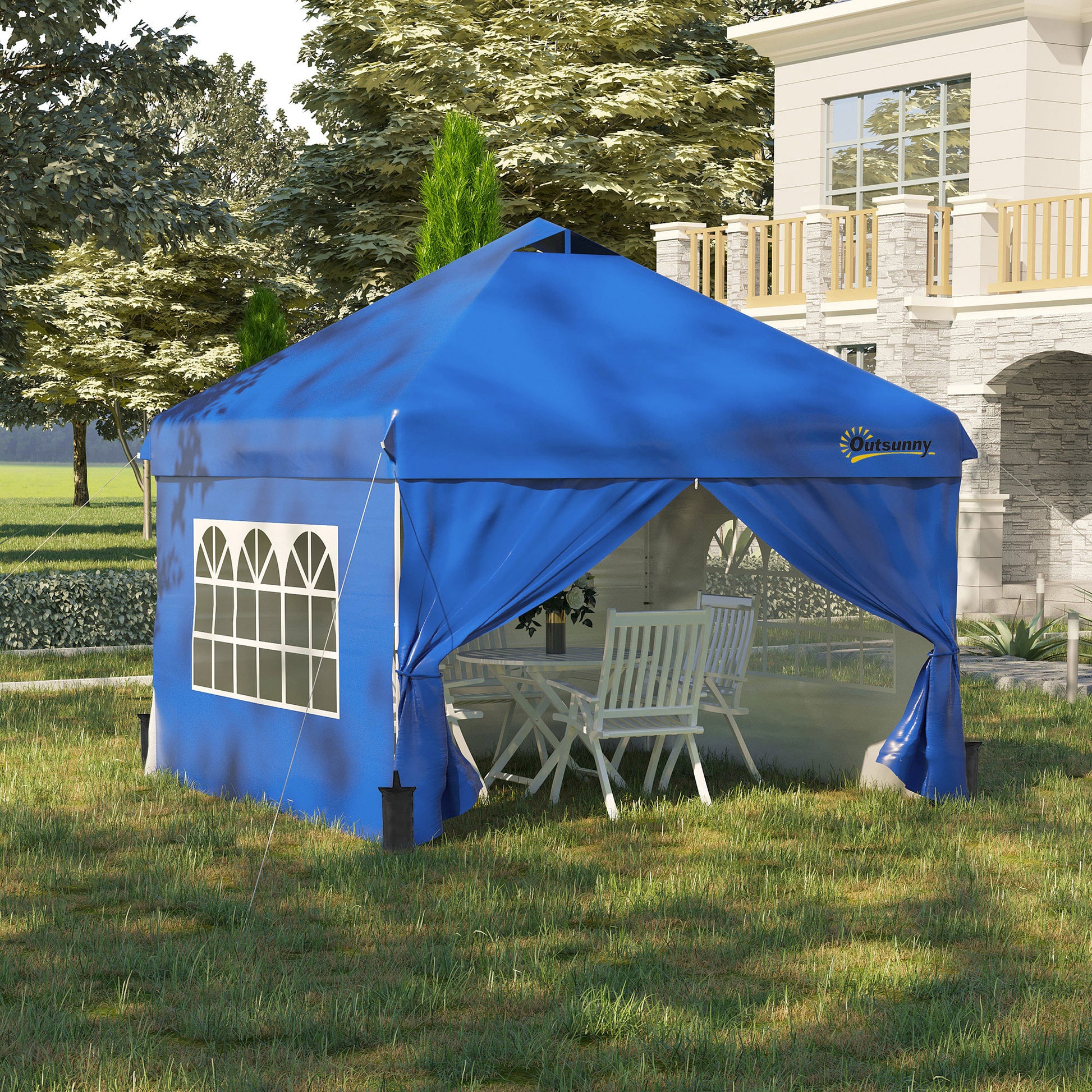 Outsunny Carpa Plegable 3x3 m con Altura Ajustable de 3 Niveles Cenador de Jardín con 4 Paredes Extraíbles 2 Ventanas 4 Sacos de Arena y Bolsa de Transporte Gazebo para Exterior Camping Azul