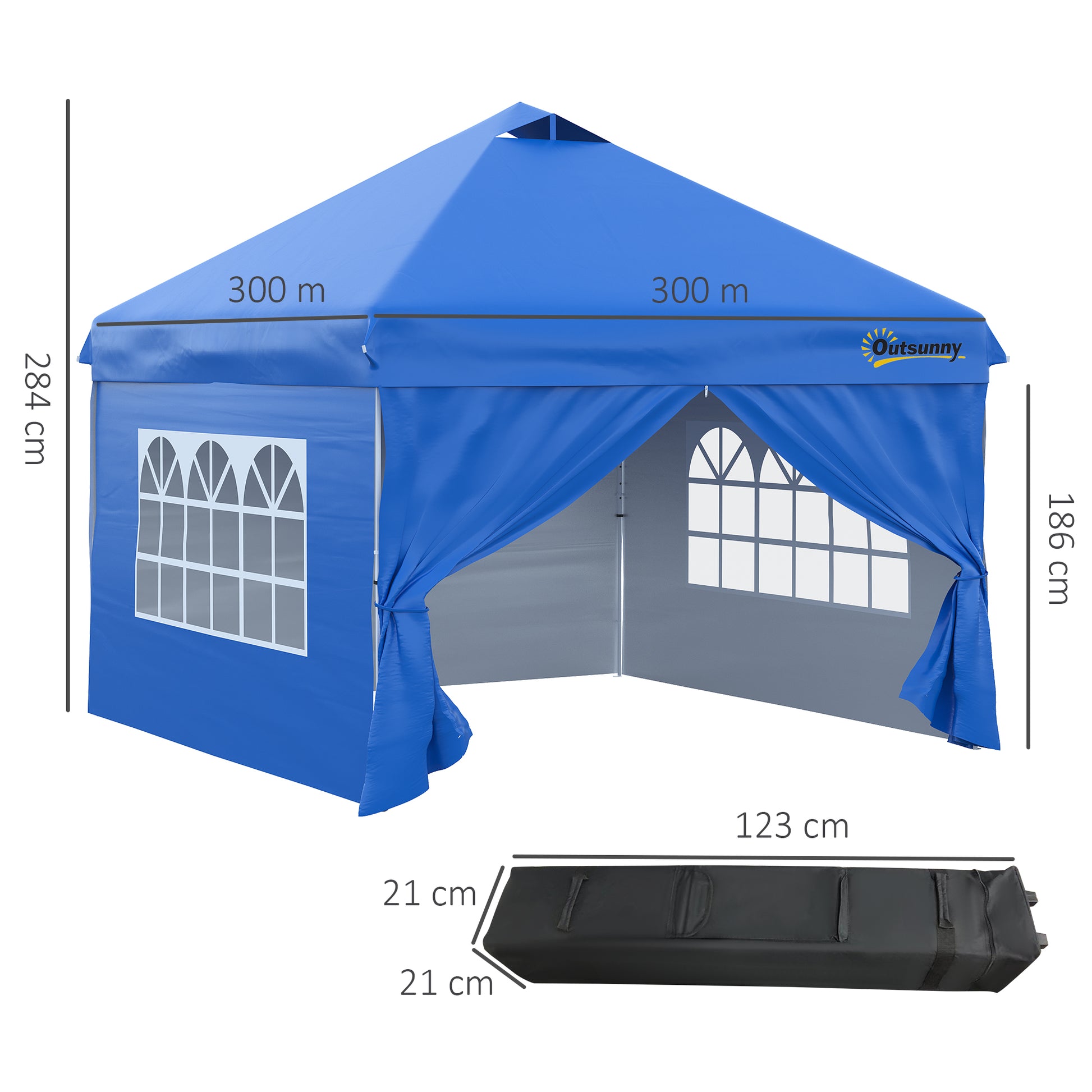 Outsunny Carpa Plegable 3x3 m con Altura Ajustable de 3 Niveles Cenador de Jardín con 4 Paredes Extraíbles 2 Ventanas 4 Sacos de Arena y Bolsa de Transporte Gazebo para Exterior Camping Azul