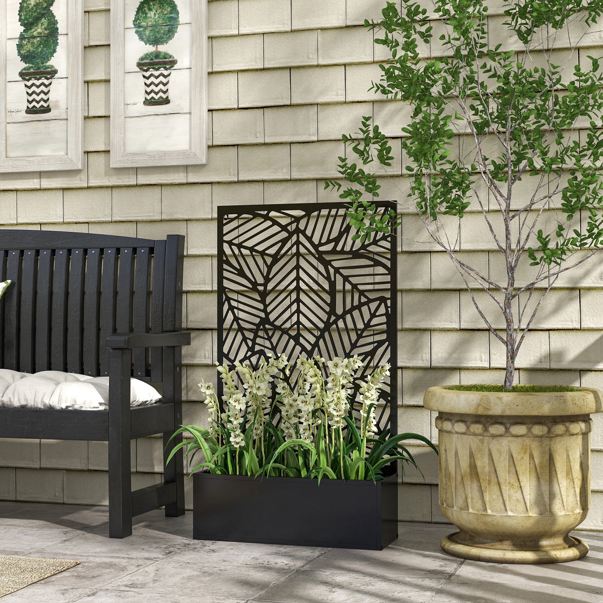 Outsunny Jardinera Exterior Grande de Metal Jardinera con Pantalla de Privacidad de Hojas Decorativas Jardinera de Pared o Independiente para Patio Terraza 61x23x113 cm Negro