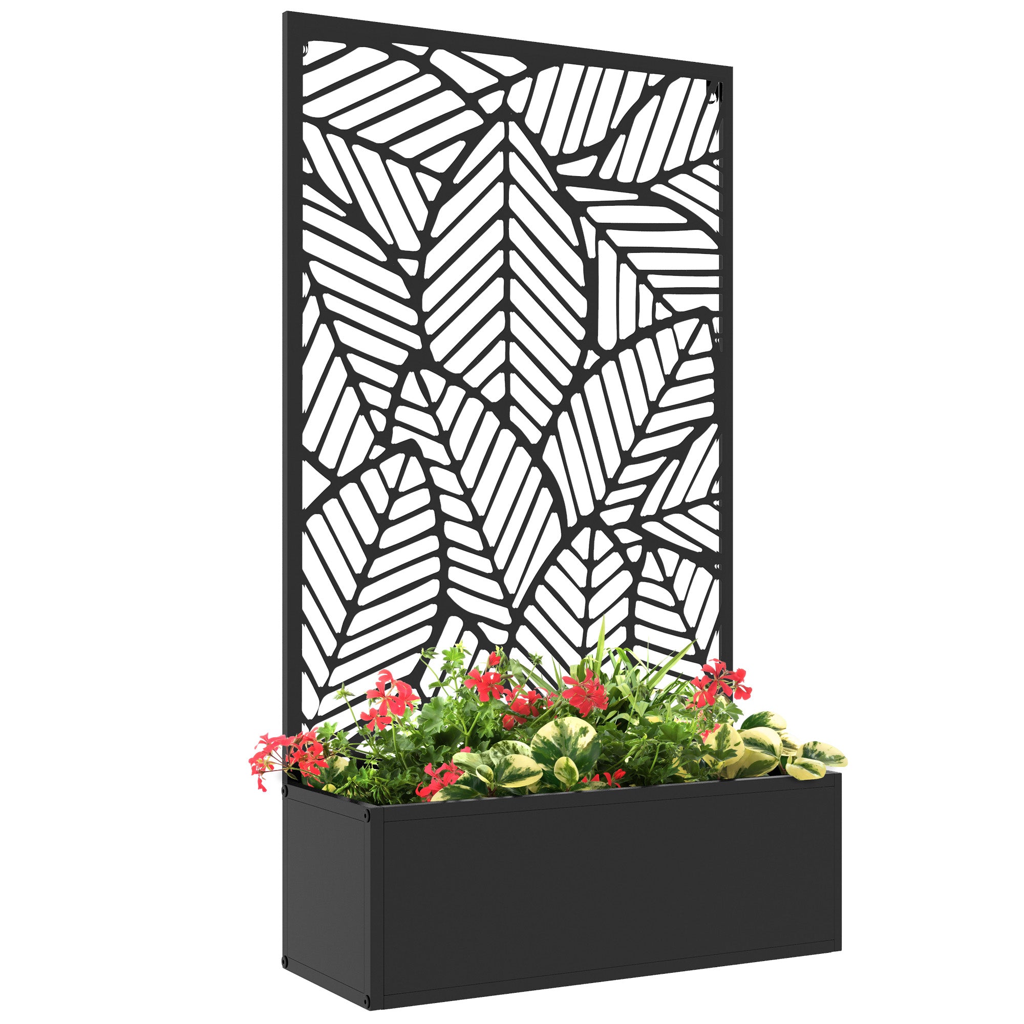 Outsunny Jardinera Exterior Grande de Metal Jardinera con Pantalla de Privacidad de Hojas Decorativas Jardinera de Pared o Independiente para Patio Terraza 61x23x113 cm Negro