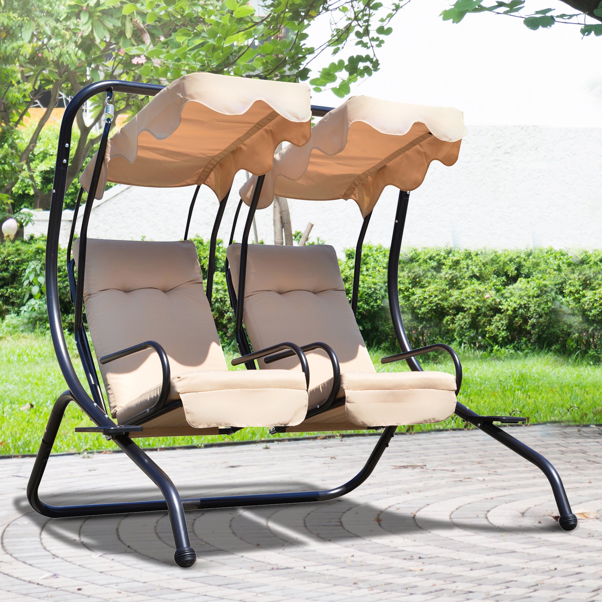 Outsunny Balancín de Jardín de 2 Plazas con Asientos Individuales Columpio de Jardín con Cojines Toldos Extraíbles Mesas Laterales y Marco de Acero 170x136x170 cm Beige