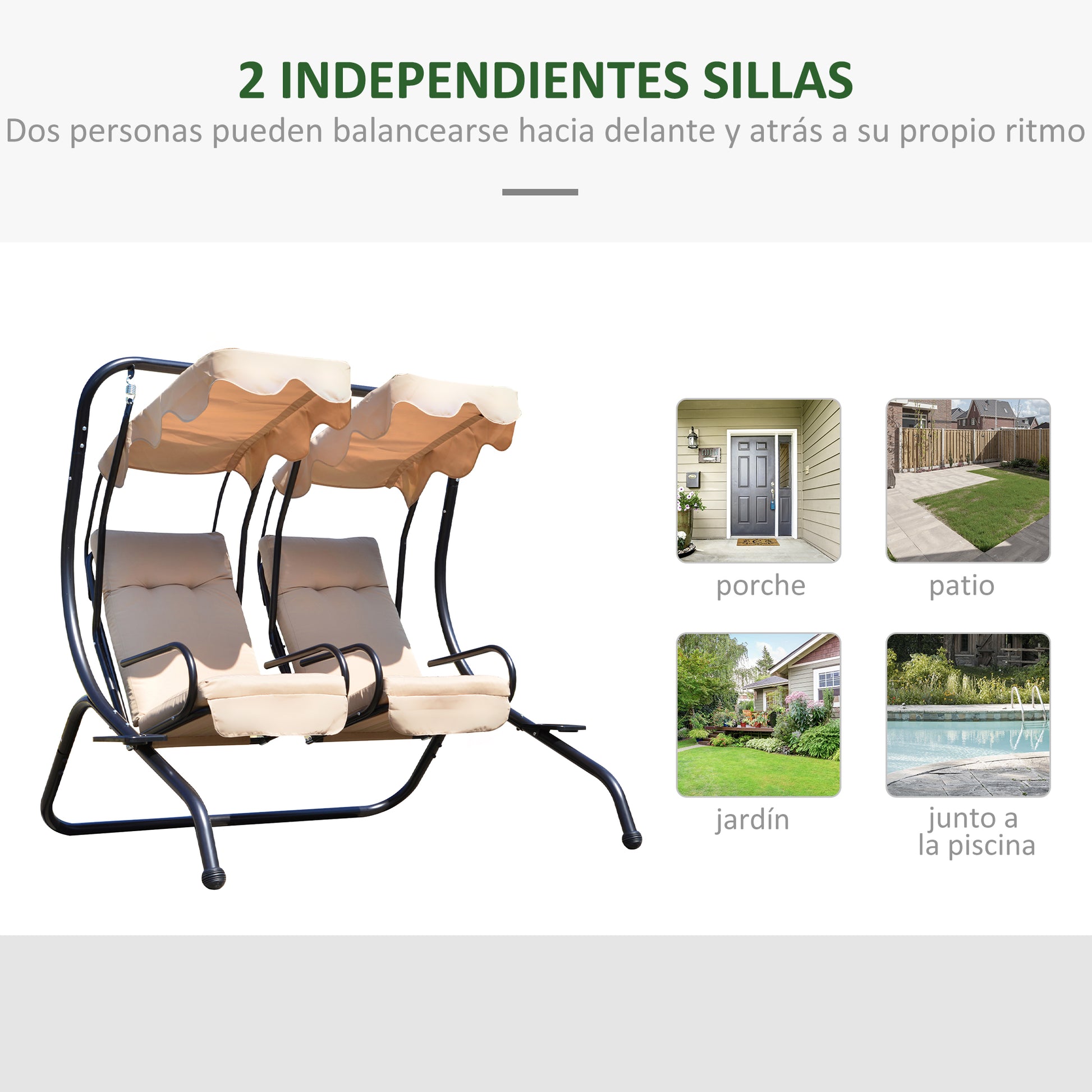 Outsunny Balancín de Jardín de 2 Plazas con Asientos Individuales Columpio de Jardín con Cojines Toldos Extraíbles Mesas Laterales y Marco de Acero 170x136x170 cm Beige