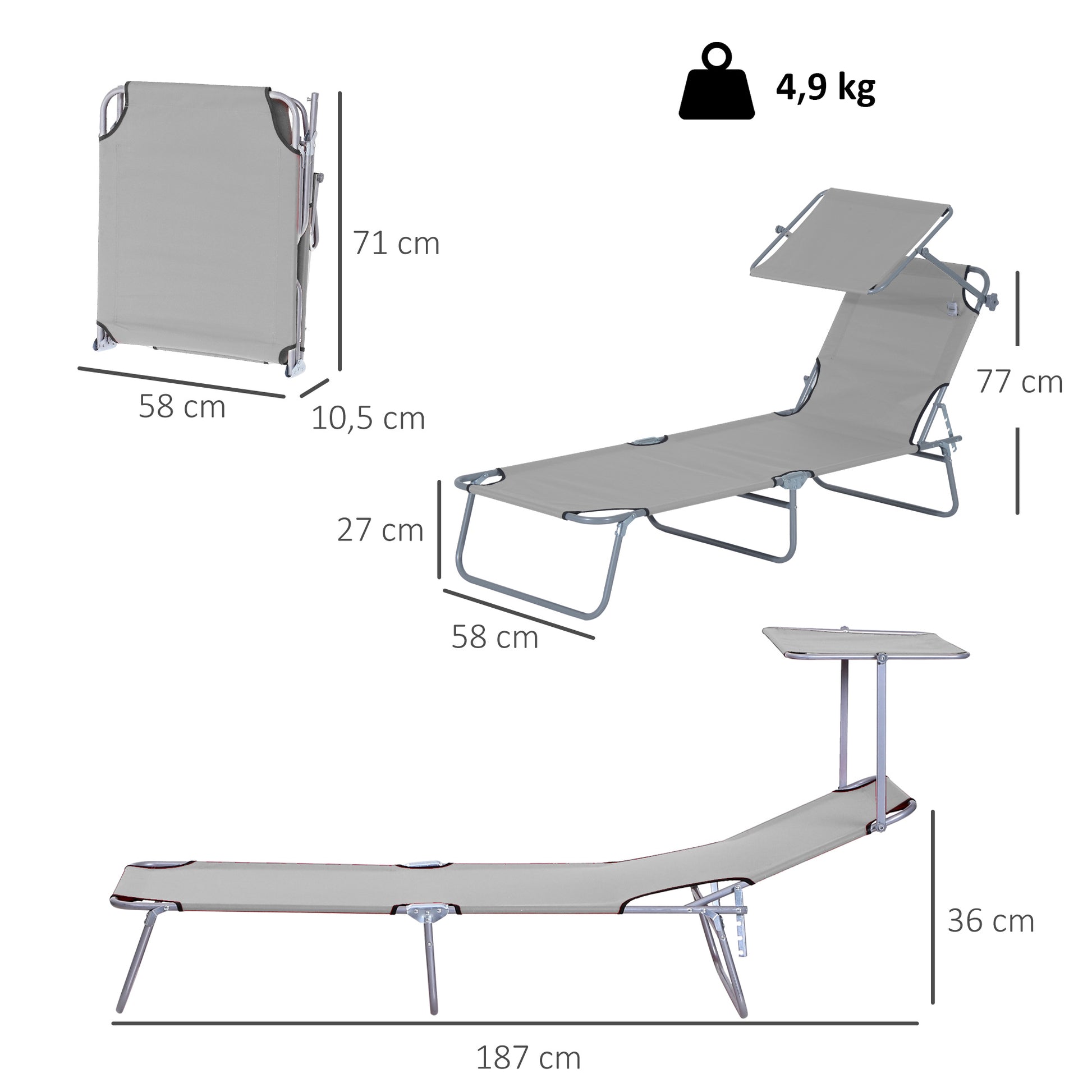 Outsunny Tumbona Plegable Tumbona de Jardín Exterior Reclinable con Toldo Desmontable con Ángulo Regulable Respaldo Ajustable en 4 Niveles para Terraza Piscina Patio 187x58x36 cm Gris Claro