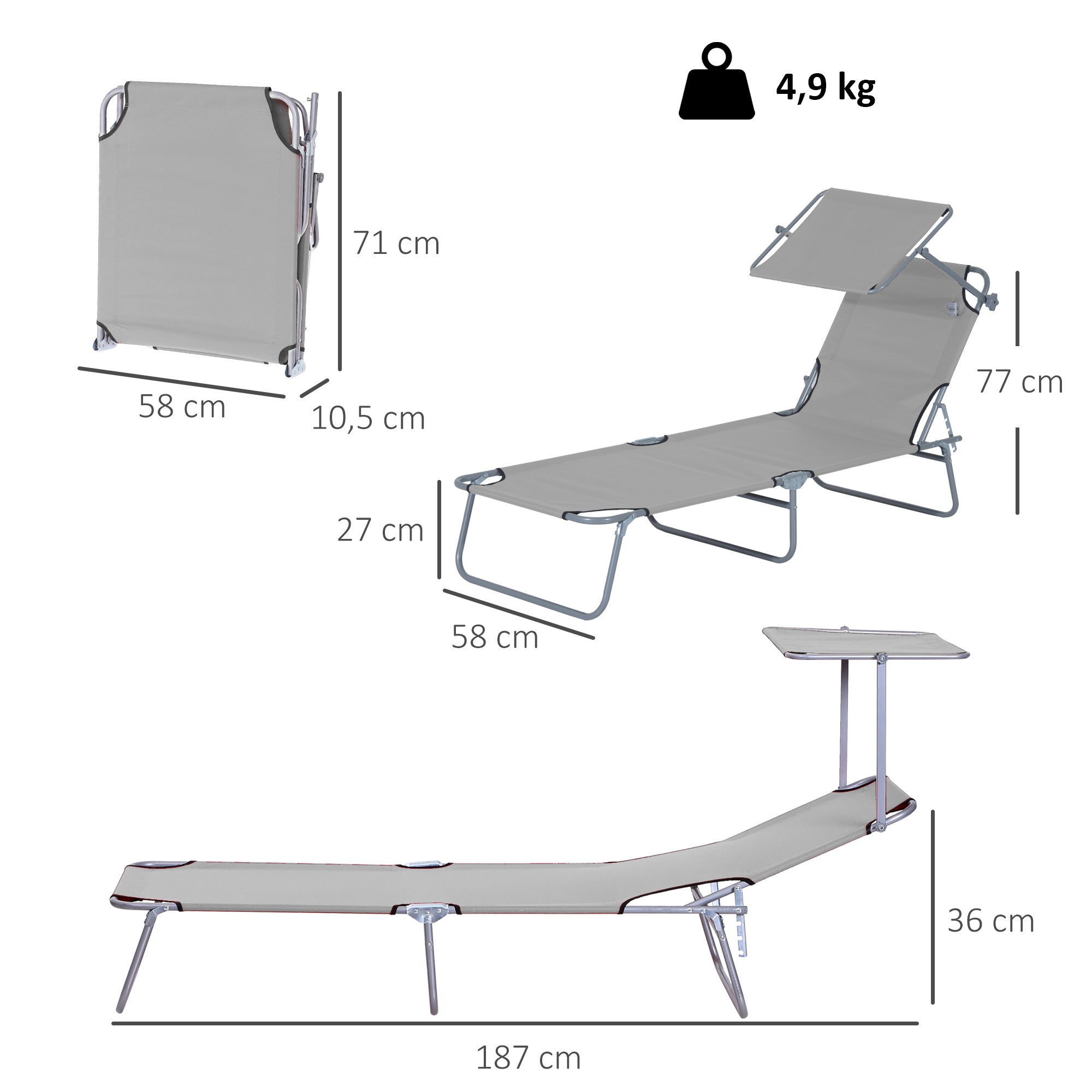 Outsunny Tumbona Plegable Tumbona de Jardín Exterior Reclinable con Toldo Desmontable con Ángulo Regulable Respaldo Ajustable en 4 Niveles para Terraza Piscina Patio 187x58x36 cm Gris Claro