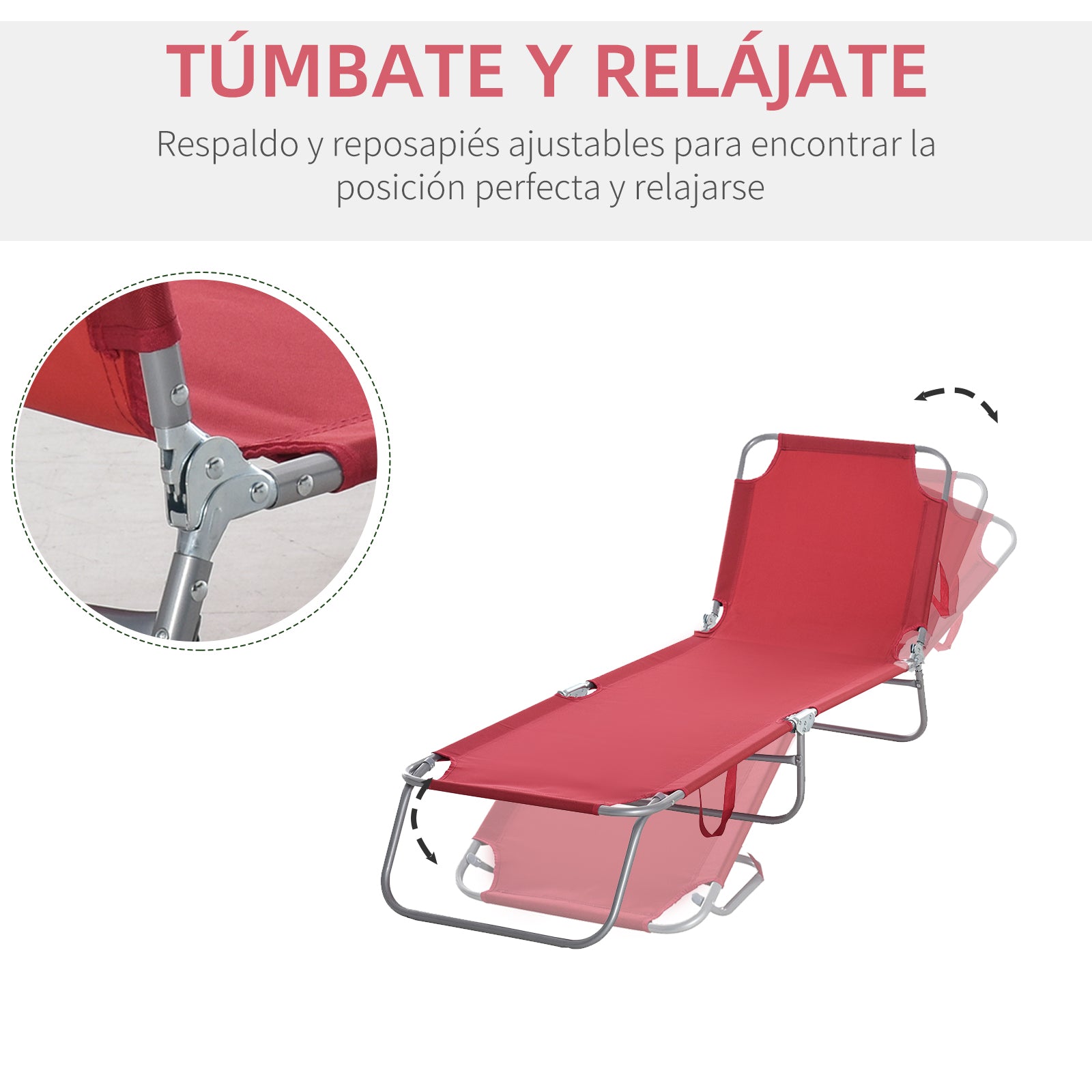 Outsunny Tumbona Plegable Tumbona Jardín Exterior con Respaldo Ajustable en 5 Posiciones y Estructura Metálica Carga 120 kg para Terraza Piscina Playa 187x55x24 cm Burdeos