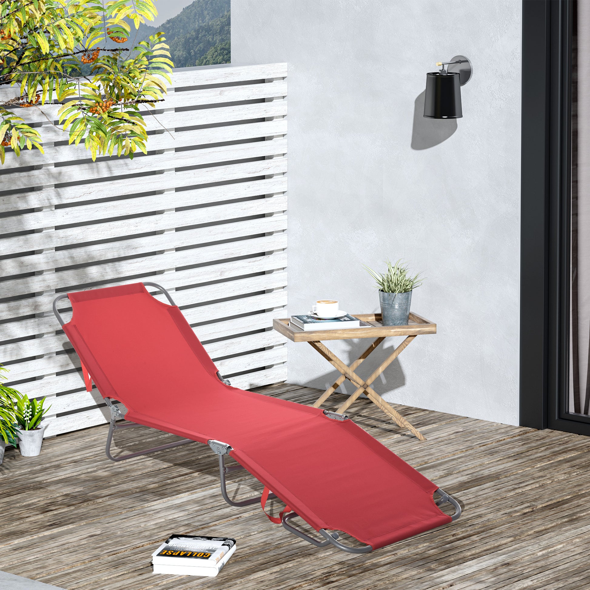 Outsunny Tumbona Plegable Tumbona Jardín Exterior con Respaldo Ajustable en 5 Posiciones y Estructura Metálica Carga 120 kg para Terraza Piscina Playa 187x55x24 cm Burdeos