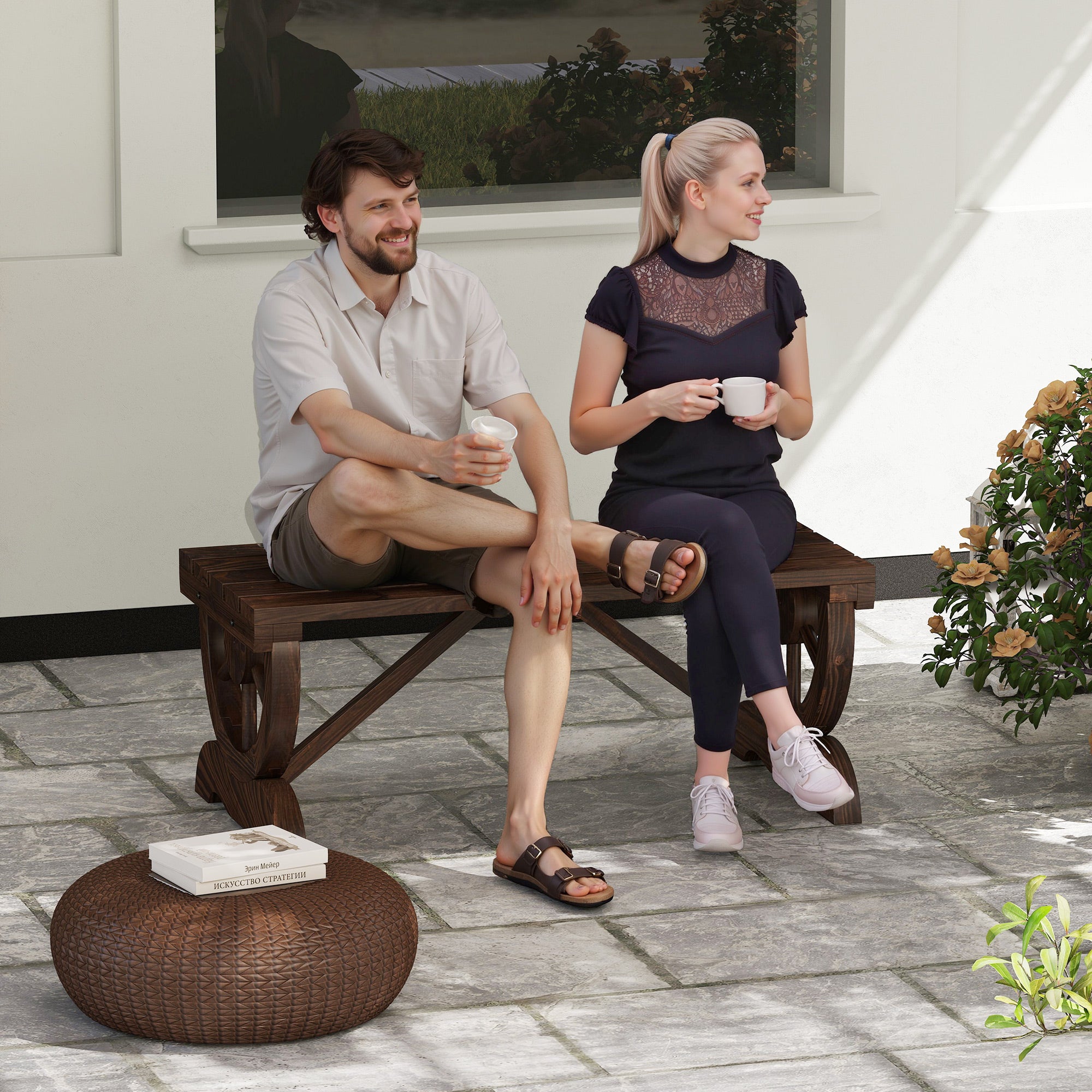 Outsunny Banco de Jardín de 2 Plazas Banco de Madera con Ruedas Decorativas Estilo Rústico Carga 250 kg para Patio Terraza Balcón 98x50x39,5 cm Carbonizado