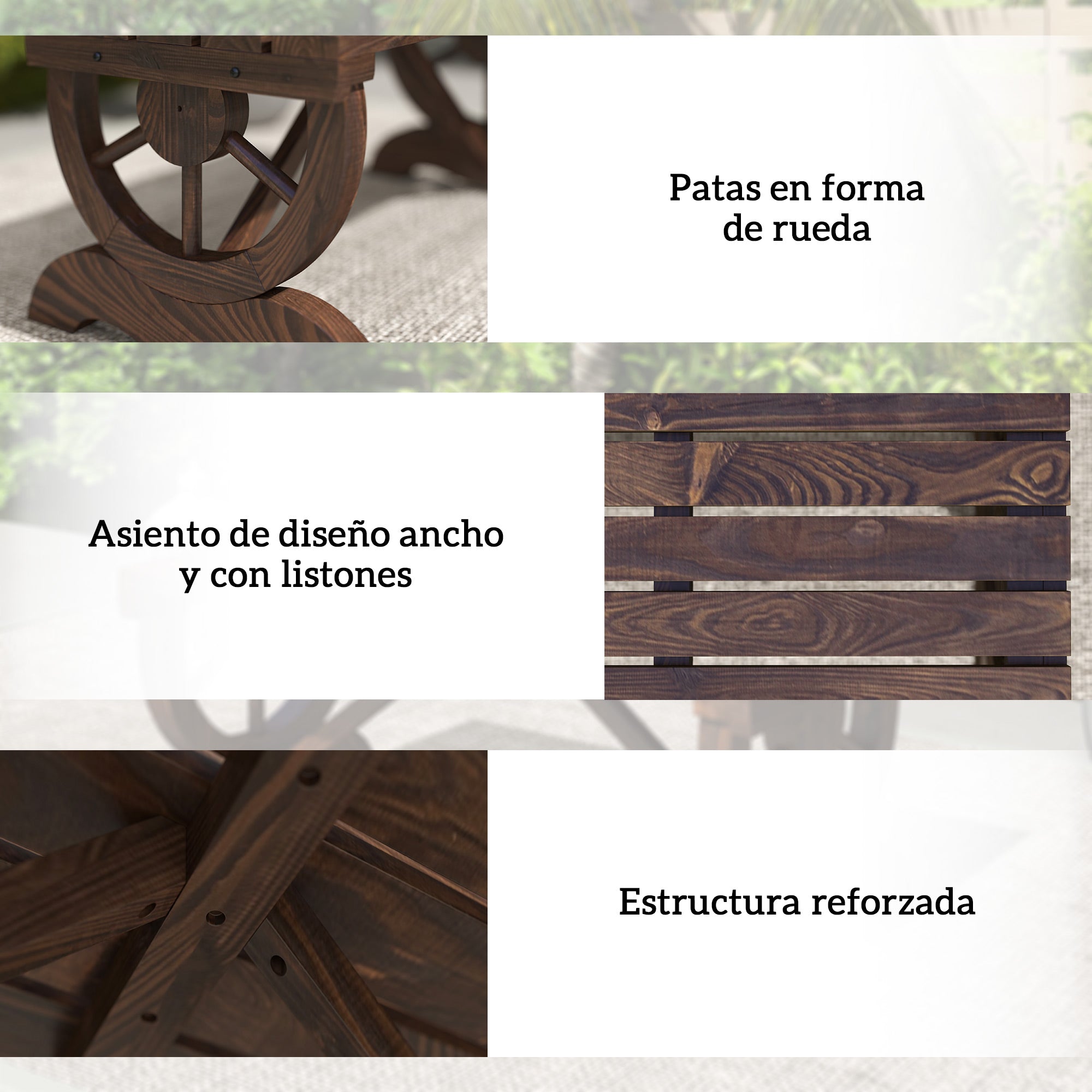 Outsunny Banco de Jardín de 2 Plazas Banco de Madera con Ruedas Decorativas Estilo Rústico Carga 250 kg para Patio Terraza Balcón 98x50x39,5 cm Carbonizado