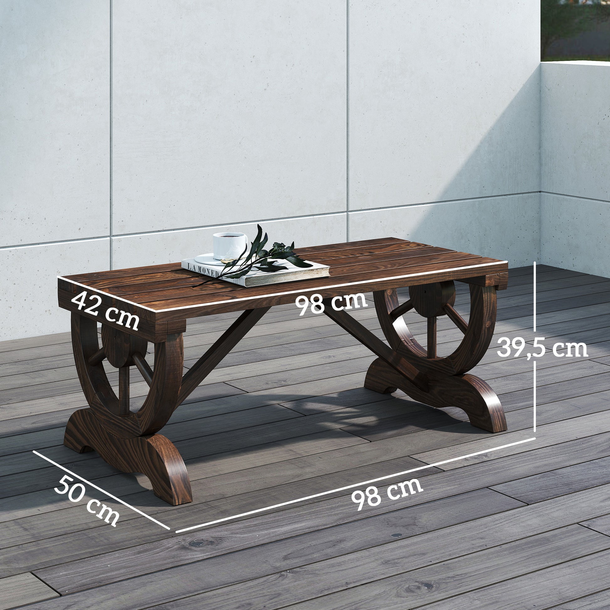 Outsunny Banco de Jardín de 2 Plazas Banco de Madera con Ruedas Decorativas Estilo Rústico Carga 250 kg para Patio Terraza Balcón 98x50x39,5 cm Carbonizado