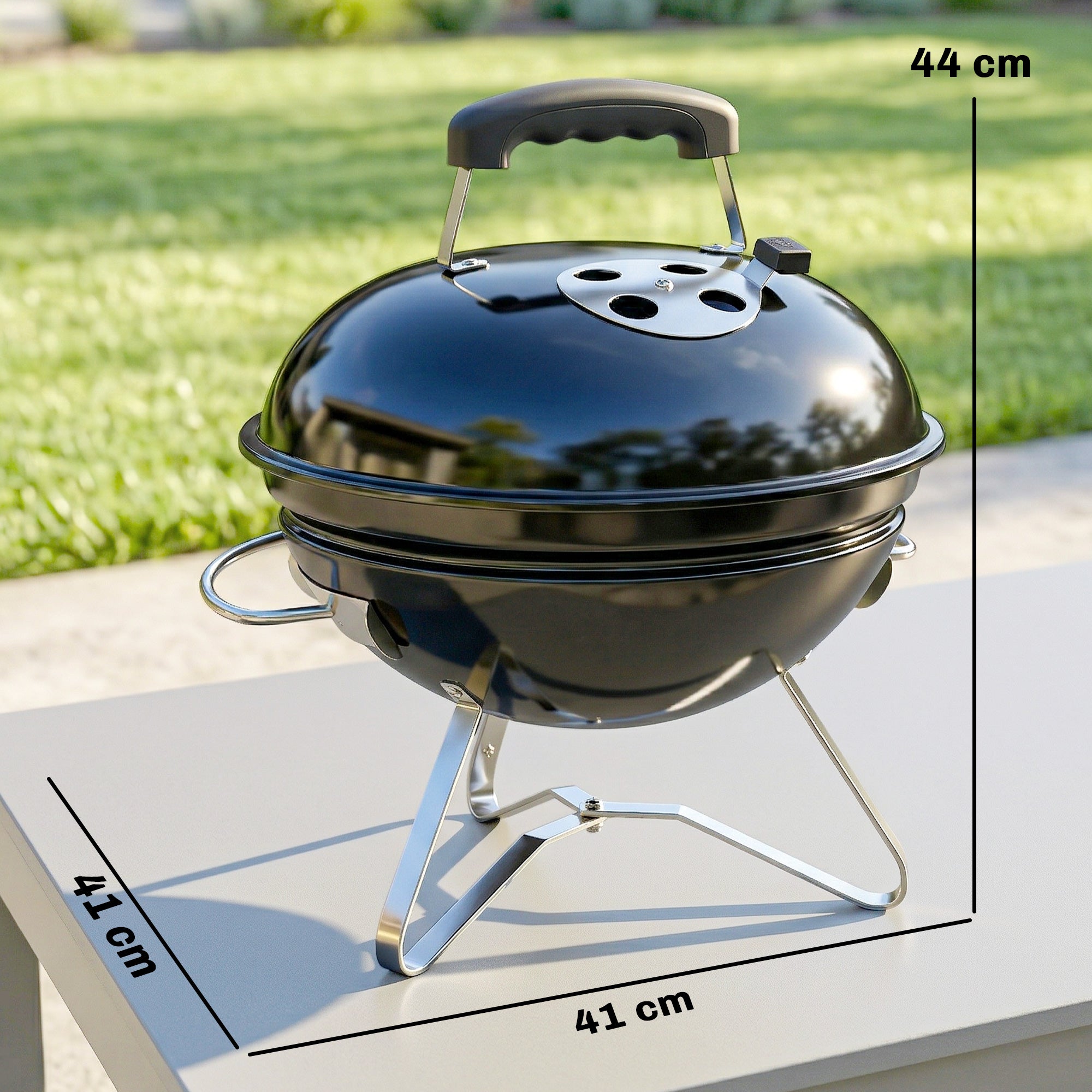 Outsunny Barbacoa de Carbón Portátil, Barbacoa de Carbón Redonda, Tapa con Soporte, Rejilla, Ventilación Ajustable, para Balcón, Picnic, Camping, Ø41x44 cm, Negro