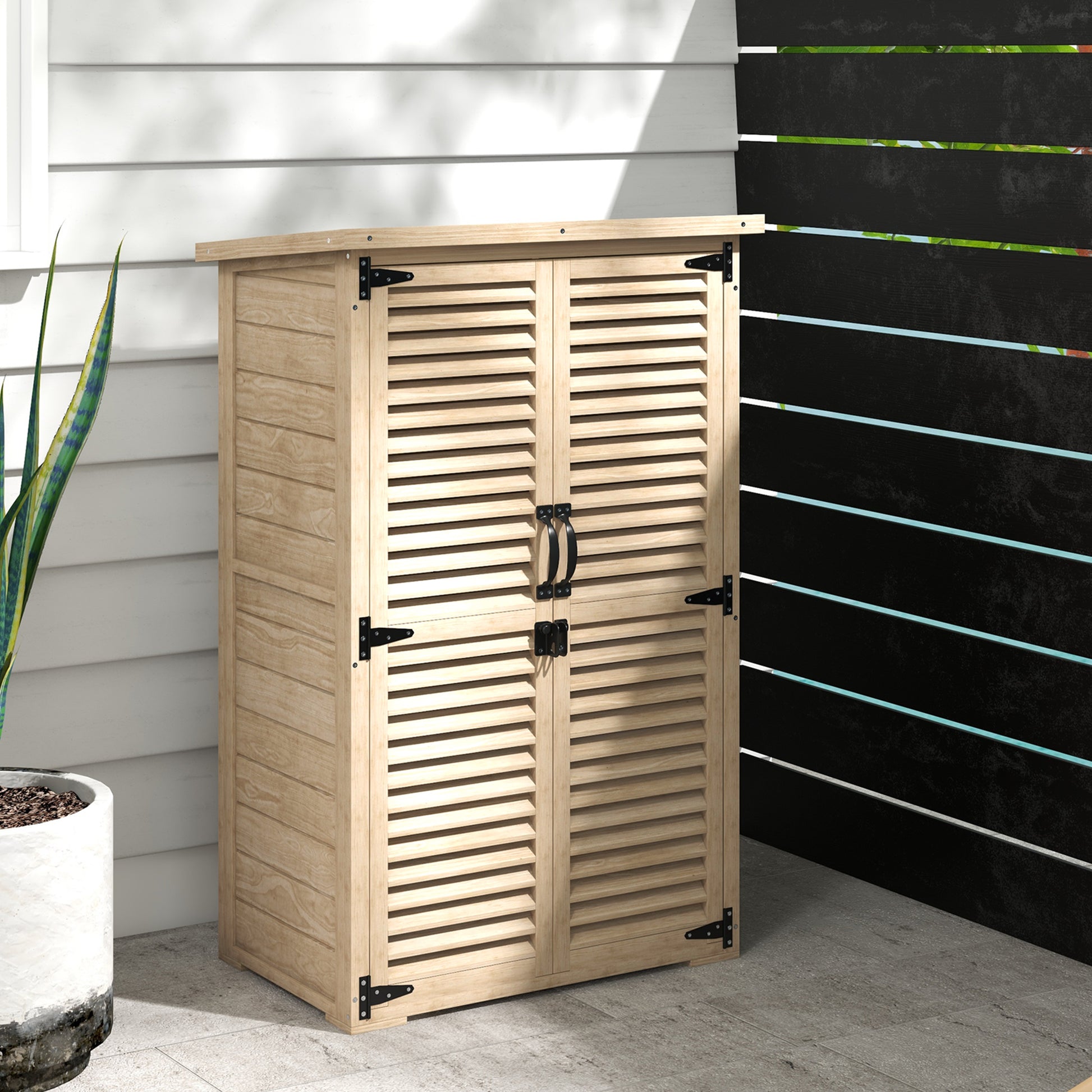 Outsunny Caseta de Jardín de Madera, 75x50x118 cm, Cobertizo Jardín Exterior, Armario para Almacenaje Herramientas, con 2 Puertas de Persiana 2 Estantes y Techo Impermeable para Patio Terraza, Natural