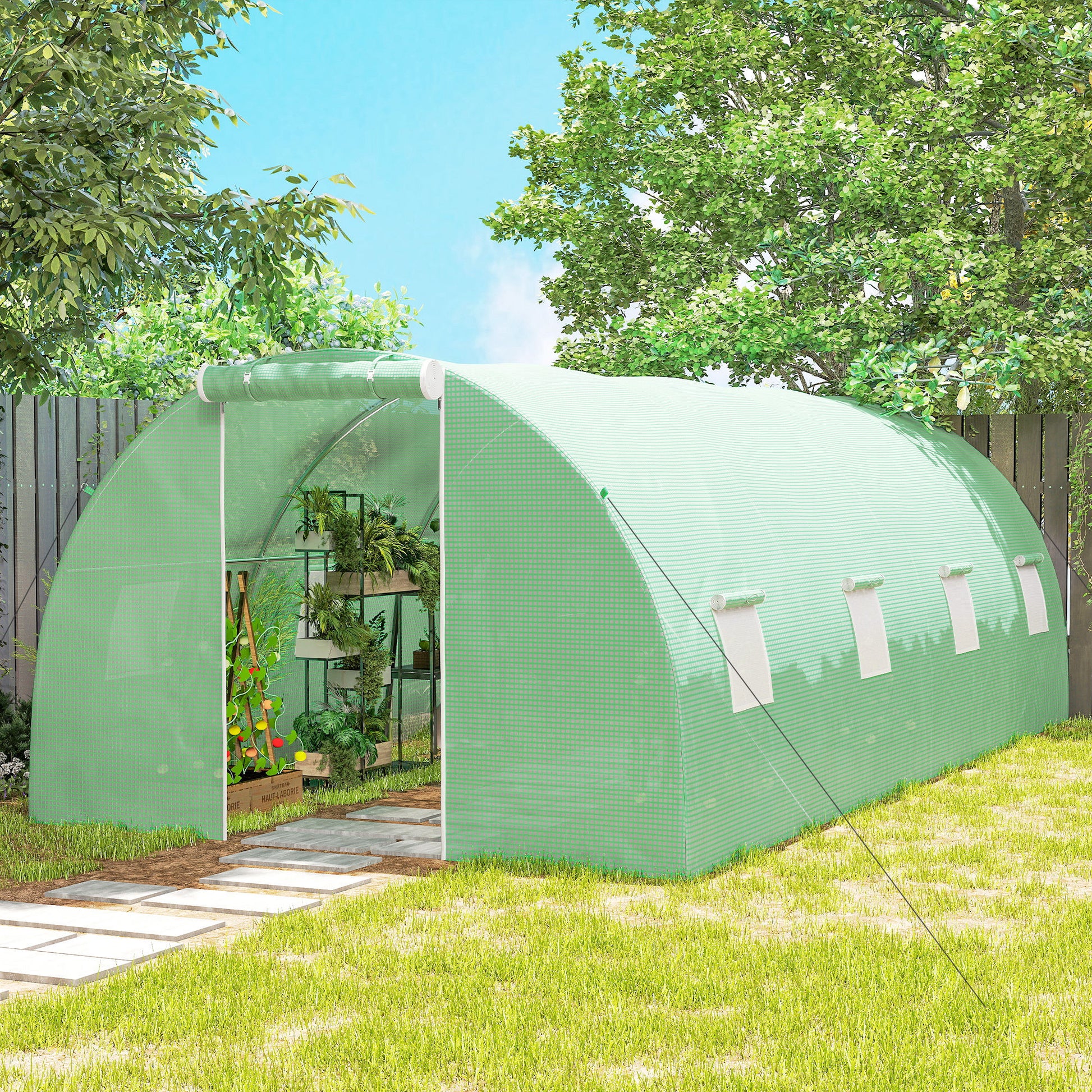 Outsunny Invernadero de Exterior 6x3x2 m, Invernadero de Túnel con Puerta Enrollable, 8 Ventanas de Malla, Cubierta PE 140g/m² y Marco de Acero Galvanizado, Anti-UV, Impermeable, para Cultivos, Verde