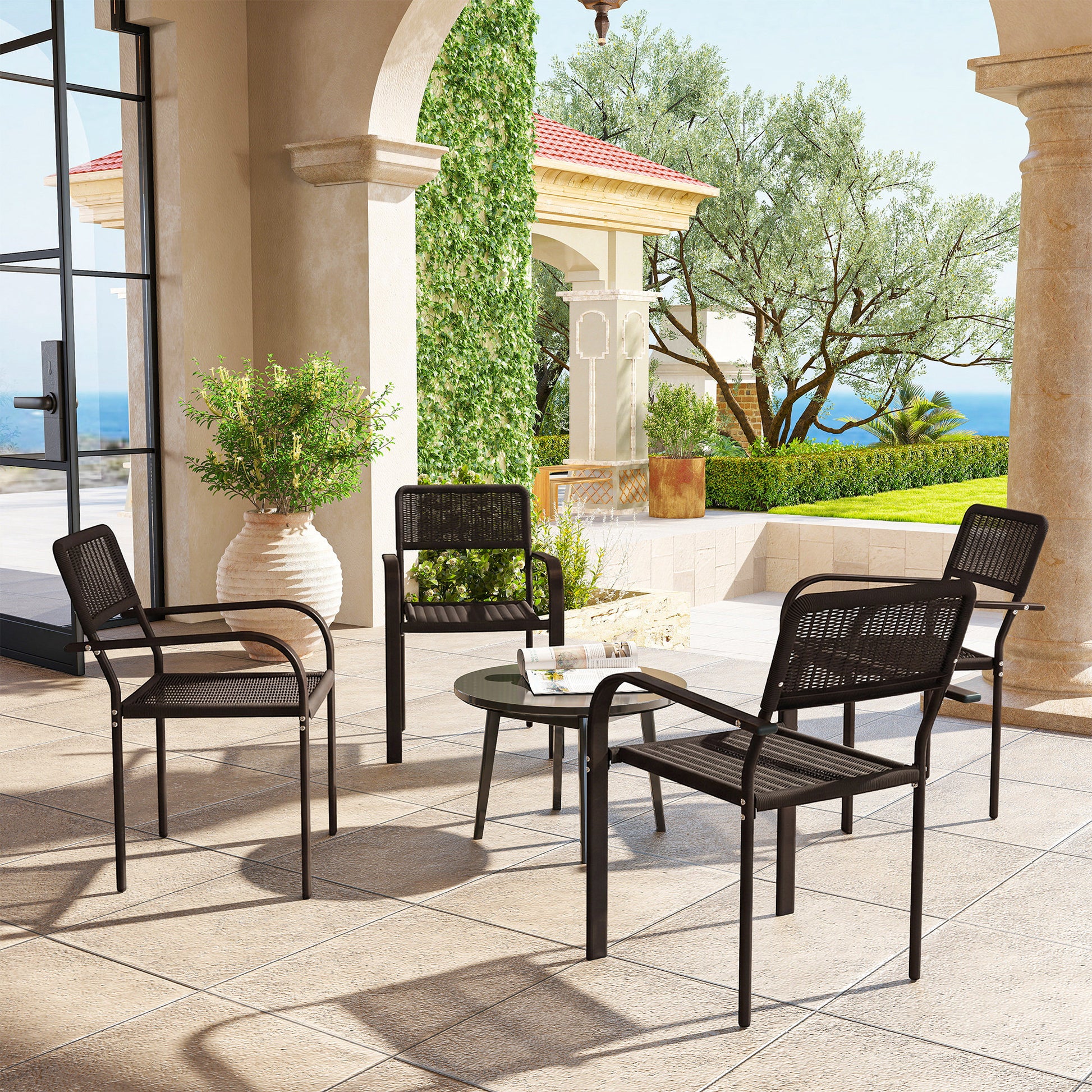Outsunny Juego de 4 Sillas de Jardín Exterior Apilables, Sillas de Comedor Exterior Efecto Ratán, con Reposabrazos, Marco de Acero, Resistente a la Intemperie y Ligero, 55x60x83 cm, Marrón Oscuro