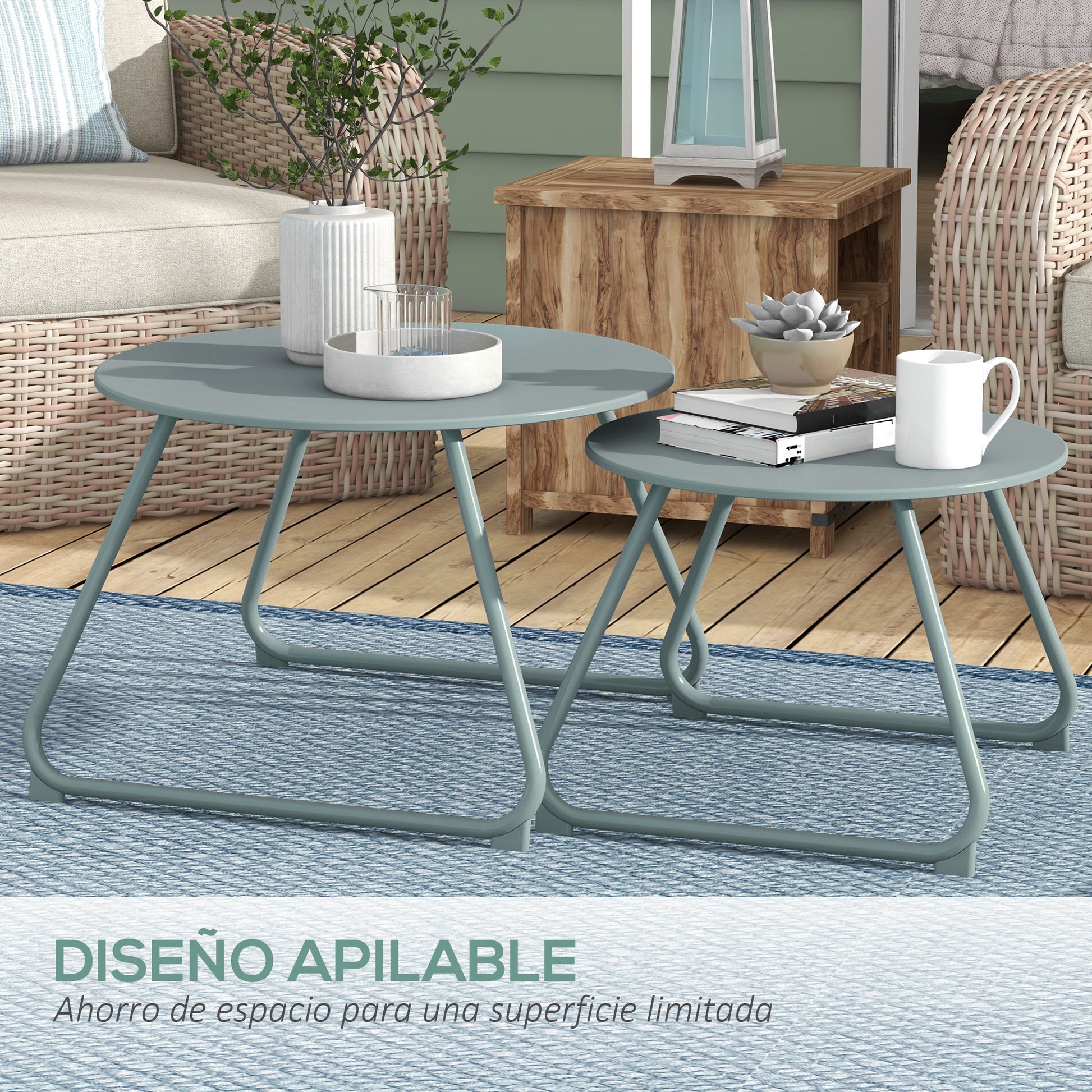 Outsunny Juego de 2 Mesas de Jardín Apilables Mesas Auxiliares de Jardín Redondas con Estructura de Metal y Recubrimiento Epoxi Anticorrosivo para Balcón Terraza Patio Azul