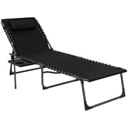 Outsunny Tumbona Plegable, Tumbona Jardín Exterior con Respaldo Ajustable, Reposacabezas, Bolsillo Lateral, Bandeja y Estructura de Acero, Carga 120 kg para Terraza Piscina Playa, 190x60x31 cm, Negro