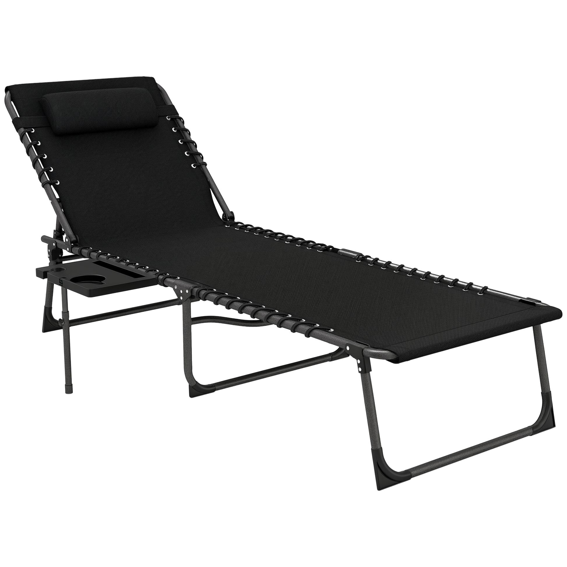Outsunny Tumbona Plegable, Tumbona Jardín Exterior con Respaldo Ajustable, Reposacabezas, Bolsillo Lateral, Bandeja y Estructura de Acero, Carga 120 kg para Terraza Piscina Playa, 190x60x31 cm, Negro