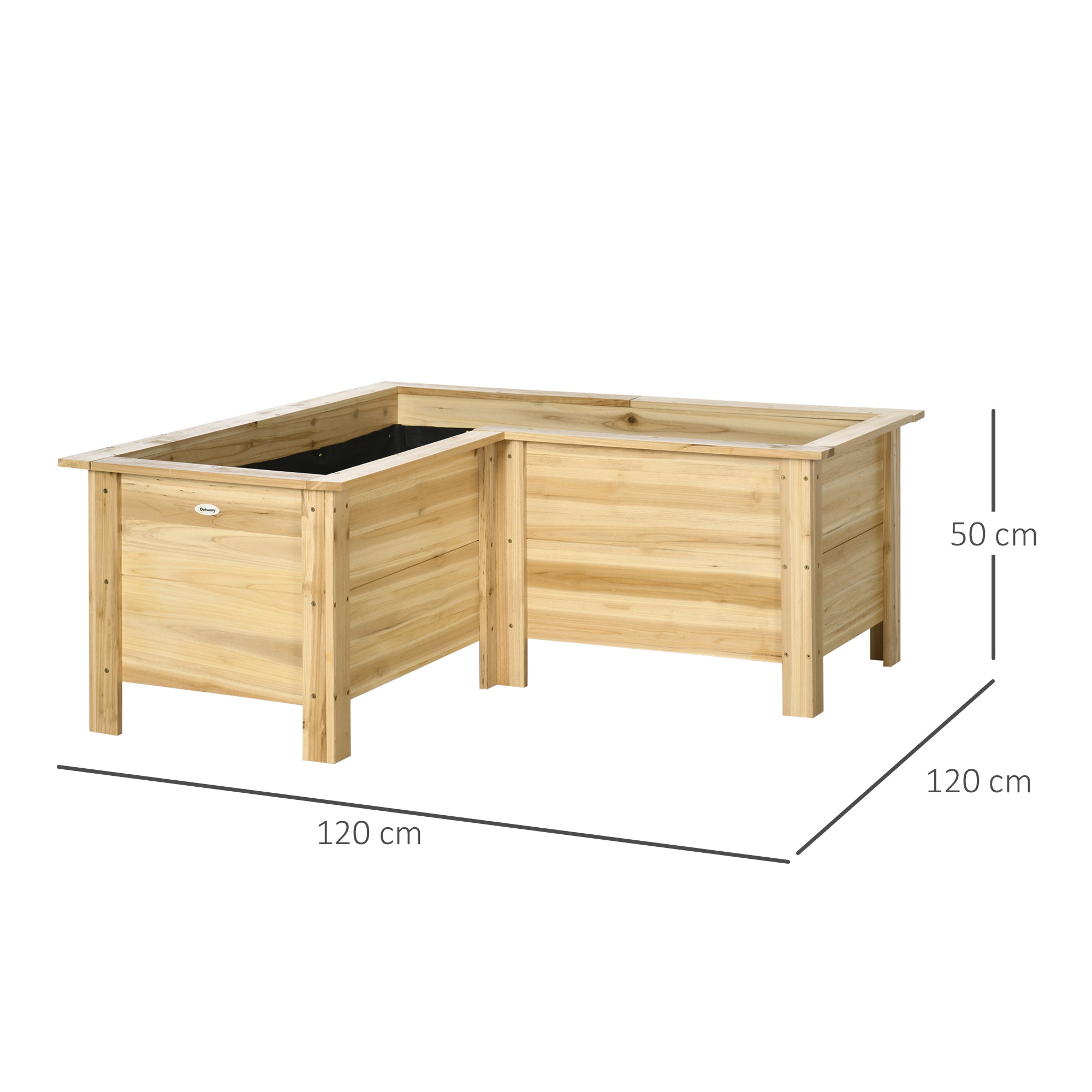 Outsunny Jardinera Elevada de Madera, Macetero Exterior en Forma de L con Tela no Tejido, Huerto Urbano para Cultivos de Plantas, Flores en Terraza, Jardín, 120x120x50 cm, Natural