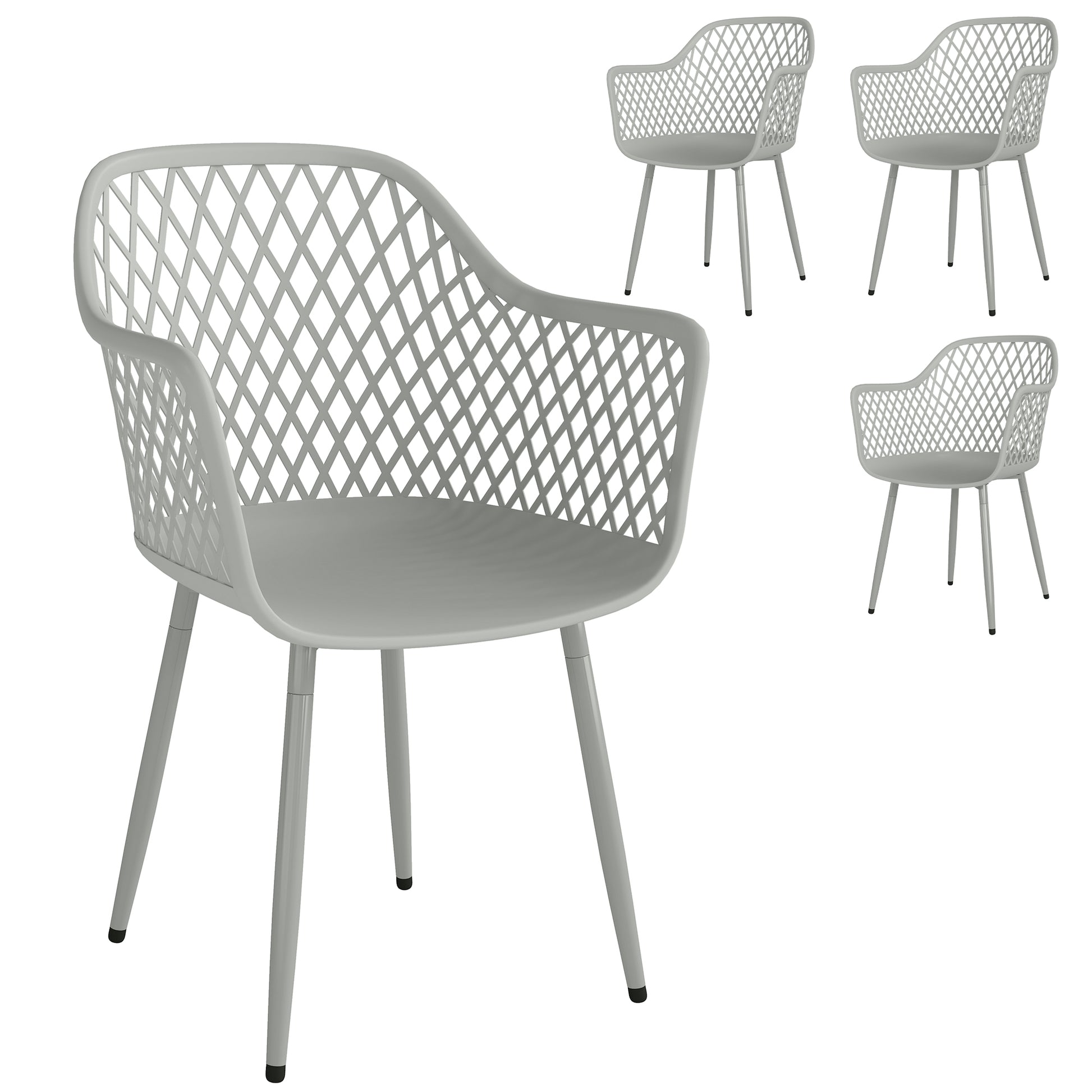 Outsunny Juego de 4 Sillas de Jardín Exterior, Sillas Terraza Exterior con Respaldo Diamante, Asiento de PP Anti-UV, Reposabrazos y Patas Metálicas, para Terraza, Balcón, 56x51x84 cm, Gris