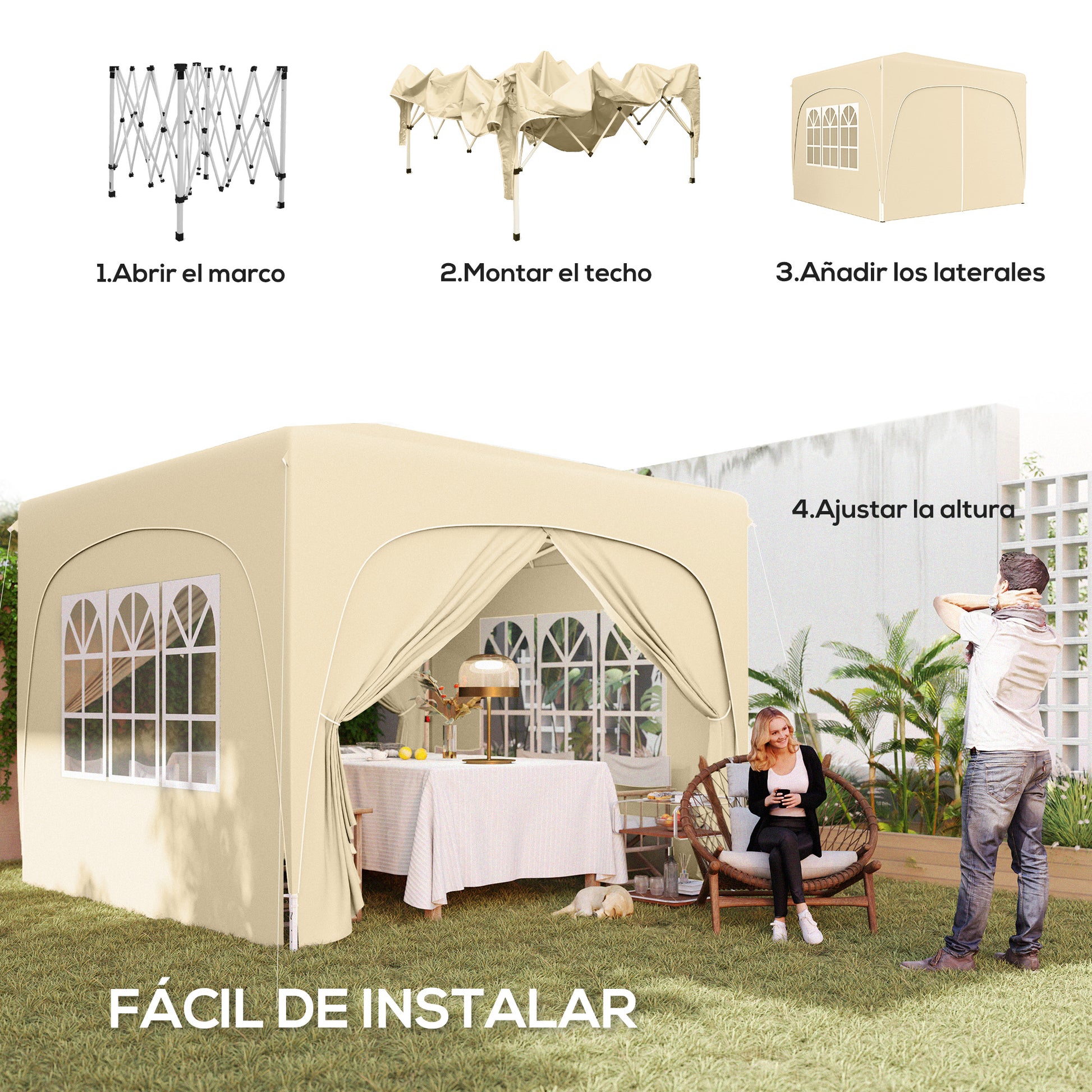 Outsunny Carpa Plegable Gazabo 3x3 m con Paneles Laterales UPF50+ Cenador Pabellón de Jardín con Altura Ajustable y Bolsa de Transporte para Camping Fiestas Patio Terraza Arena