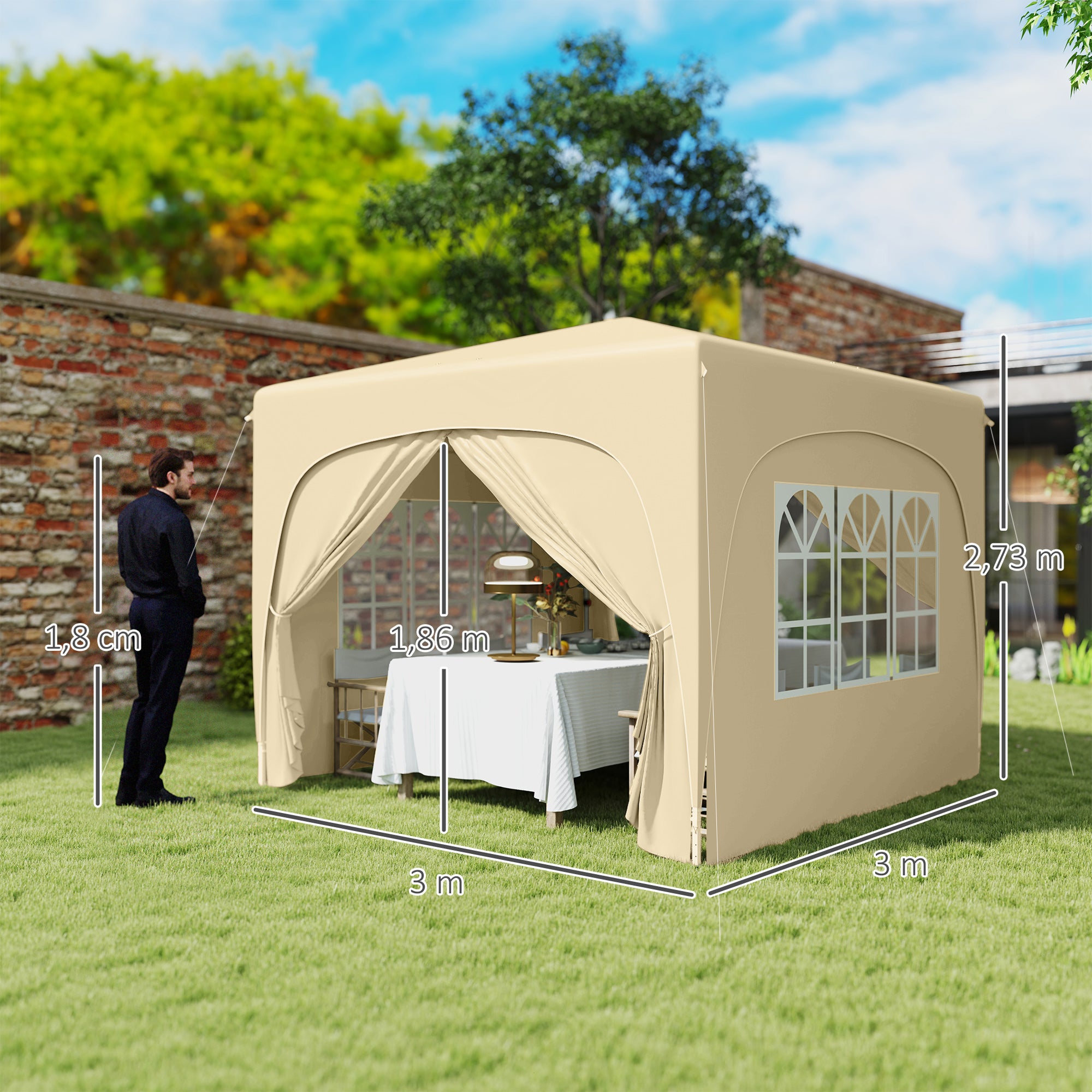 Outsunny Carpa Plegable Gazabo 3x3 m con Paneles Laterales UPF50+ Cenador Pabellón de Jardín con Altura Ajustable y Bolsa de Transporte para Camping Fiestas Patio Terraza Arena