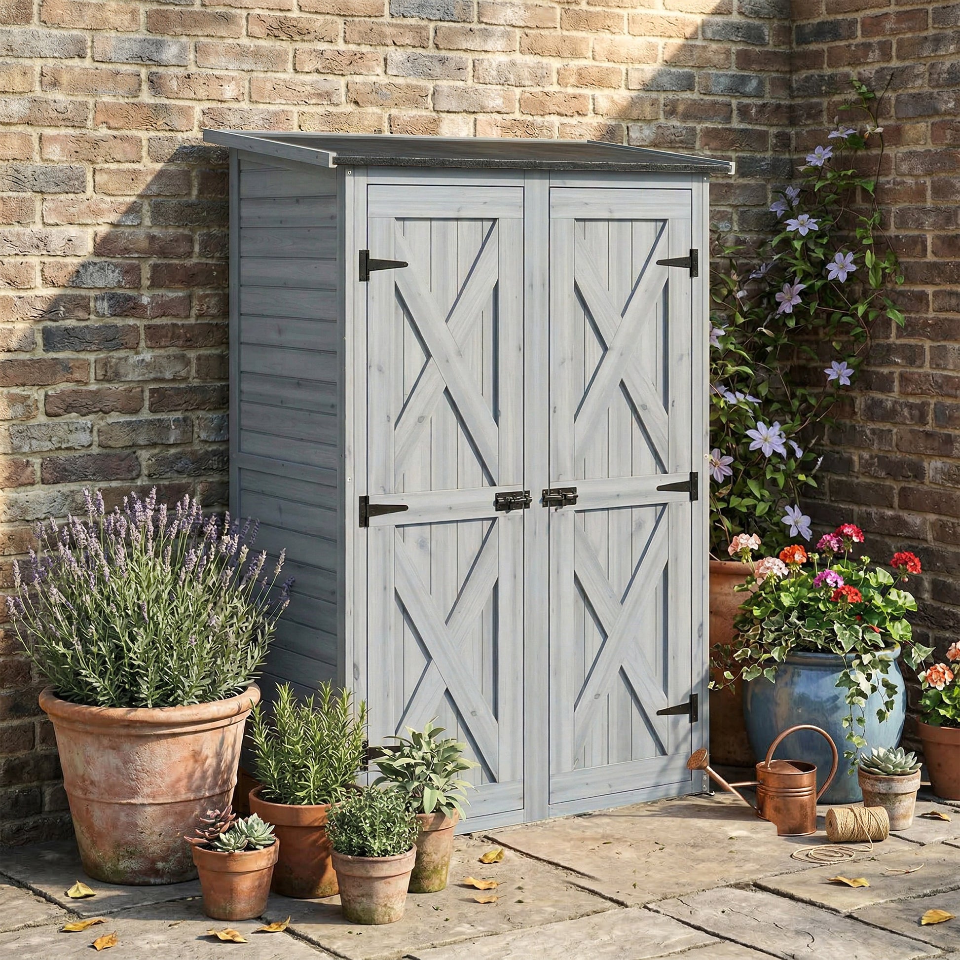Outsunny Caseta de Jardín de Madera 115x53x156 cm Cobertizo Jardín Exterior Armario Exterior para Herramientas con Puertas Dobles con Pestillo 2 Estantes y Techo Inclinado Fijación con Estacas Gris