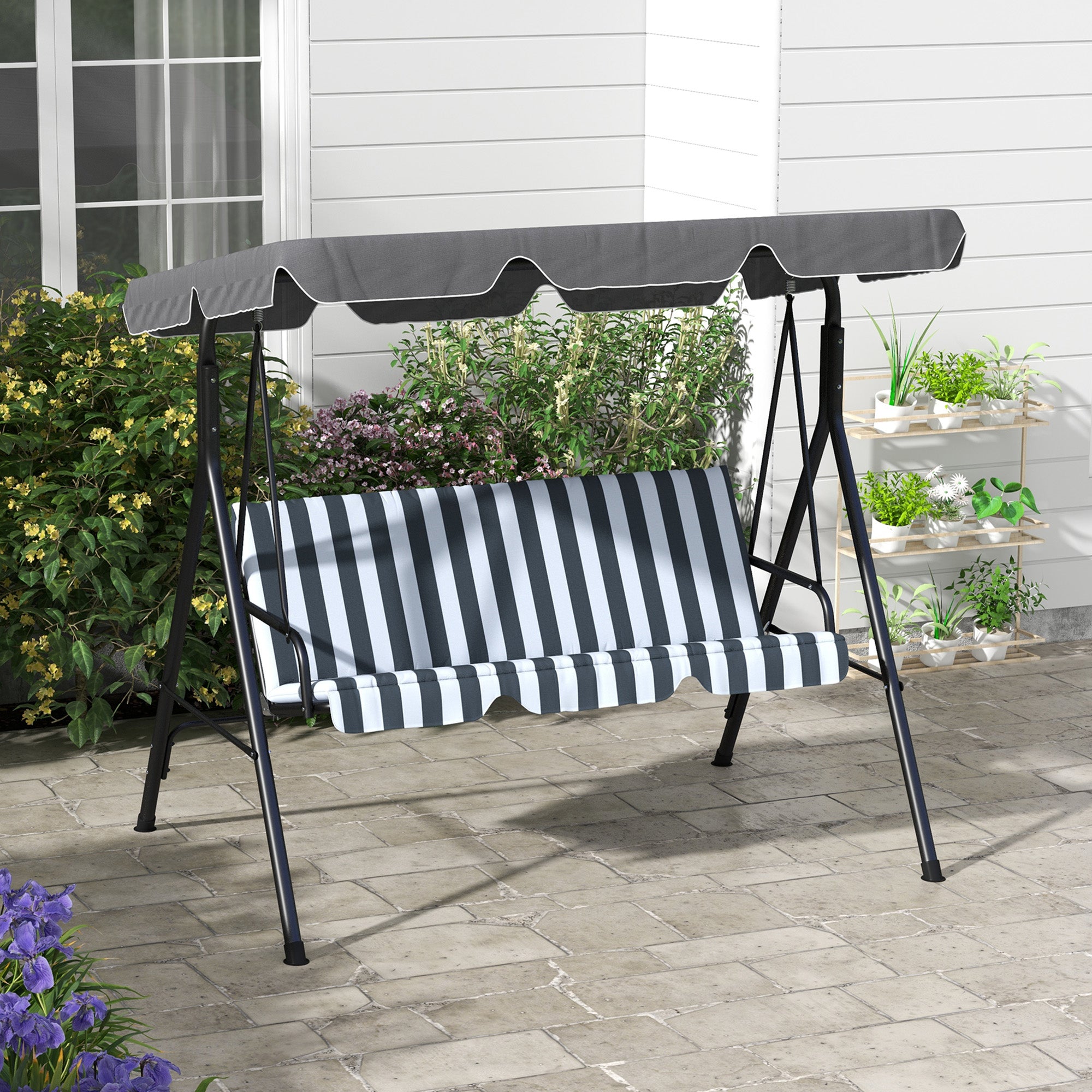 Outsunny Columpio de Jardín Exterior de 3 Plazas, Balancín de Jardín Exterior con Techo Ajustable y Marco de Acero, para Balcón, Terraza, Patio, Carga 240 kg, 172x110x153 cm, Gris y Blanco