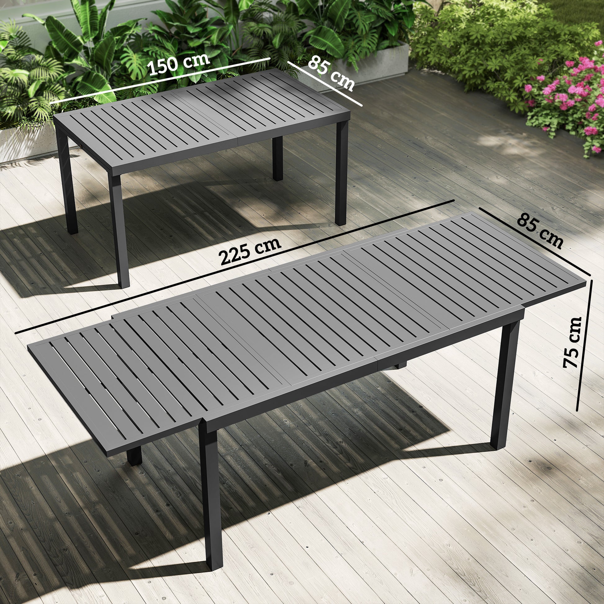 Outsunny Mesa de Jardín Extensible 150/225x85x75 cm, Mesa de Comedor Exterior Extensible Rectangular de Aluminio, con Tablero de Listones para 6-8 Personas, para Patio, Terraza, Gris Oscuro