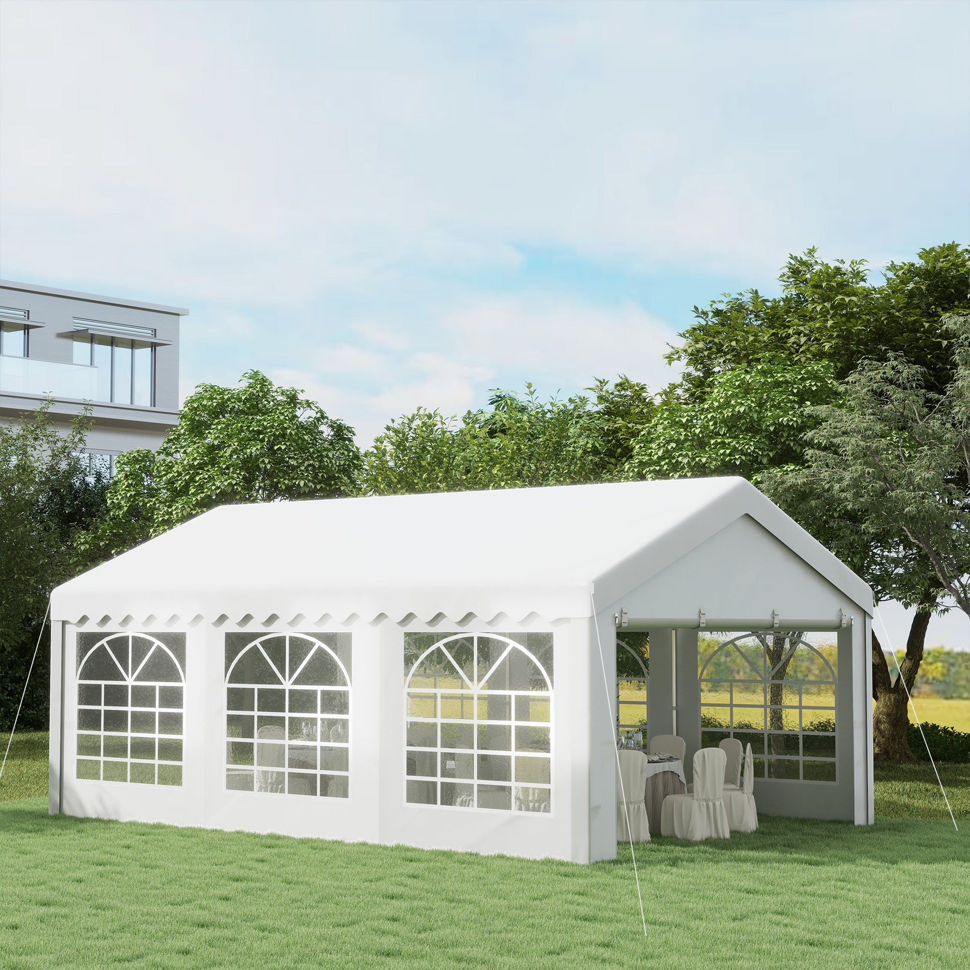 Outsunny Carpa para Fiesta Cochera Gazebo 6x4m Pergola Cenador Pabellón 4 Paneles Laterales Ventanas Anti-UV para Eventos Bodas Acero PE Blanco