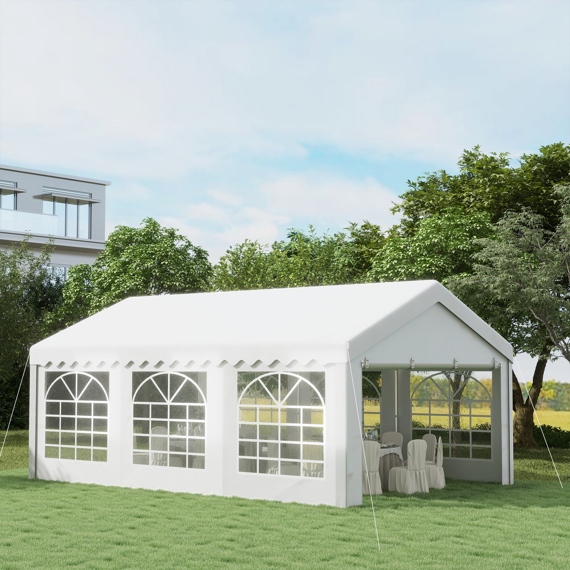 Outsunny Carpa para Fiesta Cochera Gazebo 6x4m Pergola Cenador Pabellón 4 Paneles Laterales Ventanas Anti-UV para Eventos Bodas Acero PE Blanco