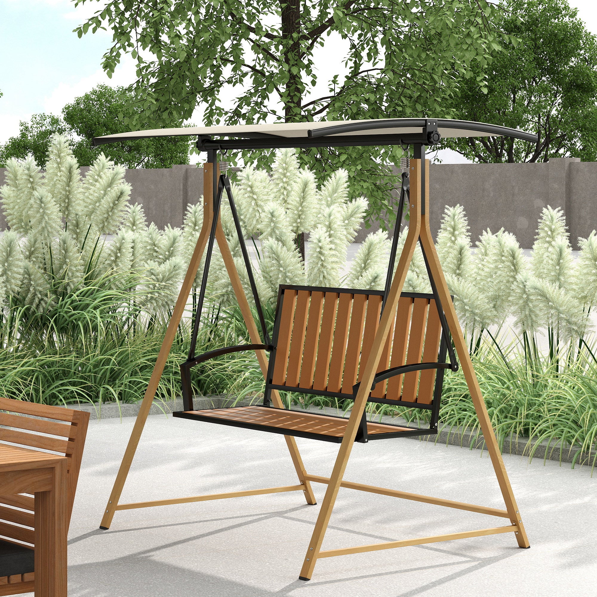 Outsunny Columpio de Jardín Exterior de 2 Plazas Balancín de Jardín Exterior con Toldo Ajustable y Estructura de Metal Carga 240 kg 142x112x162 cm Natural y Beige