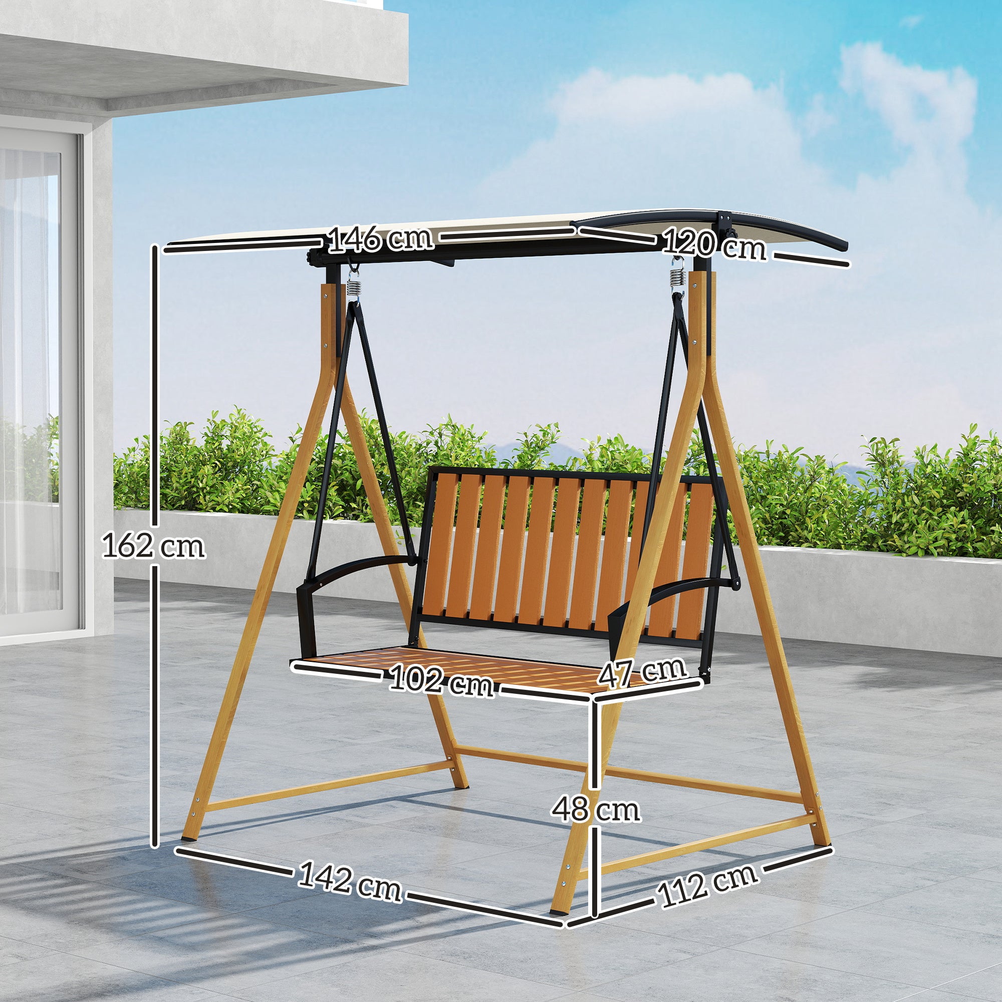 Outsunny Columpio de Jardín Exterior de 2 Plazas Balancín de Jardín Exterior con Toldo Ajustable y Estructura de Metal Carga 240 kg 142x112x162 cm Natural y Beige