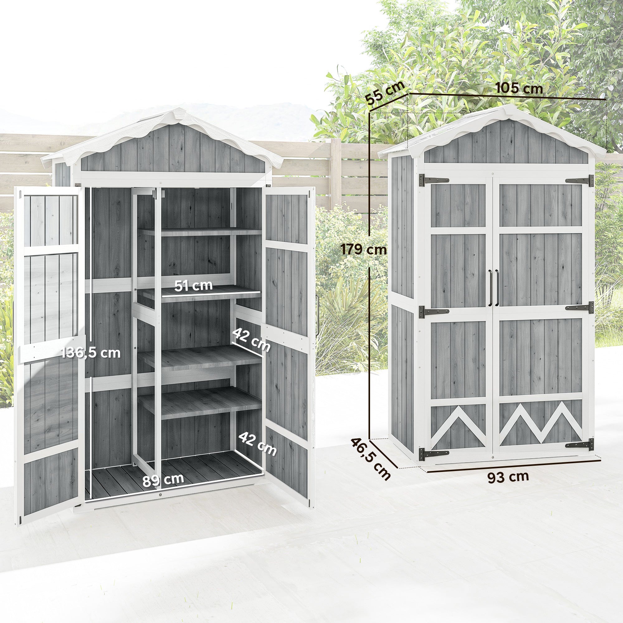 Outsunny Caseta de Jardín de Madera 105x55x179 cm Cobertizo Jardín Exterior Impermeable Armario Exterior Herramientas con Puertas 4 Estantes Extraíbles Techo Metal Galvanizado Pies Ajustables Gris