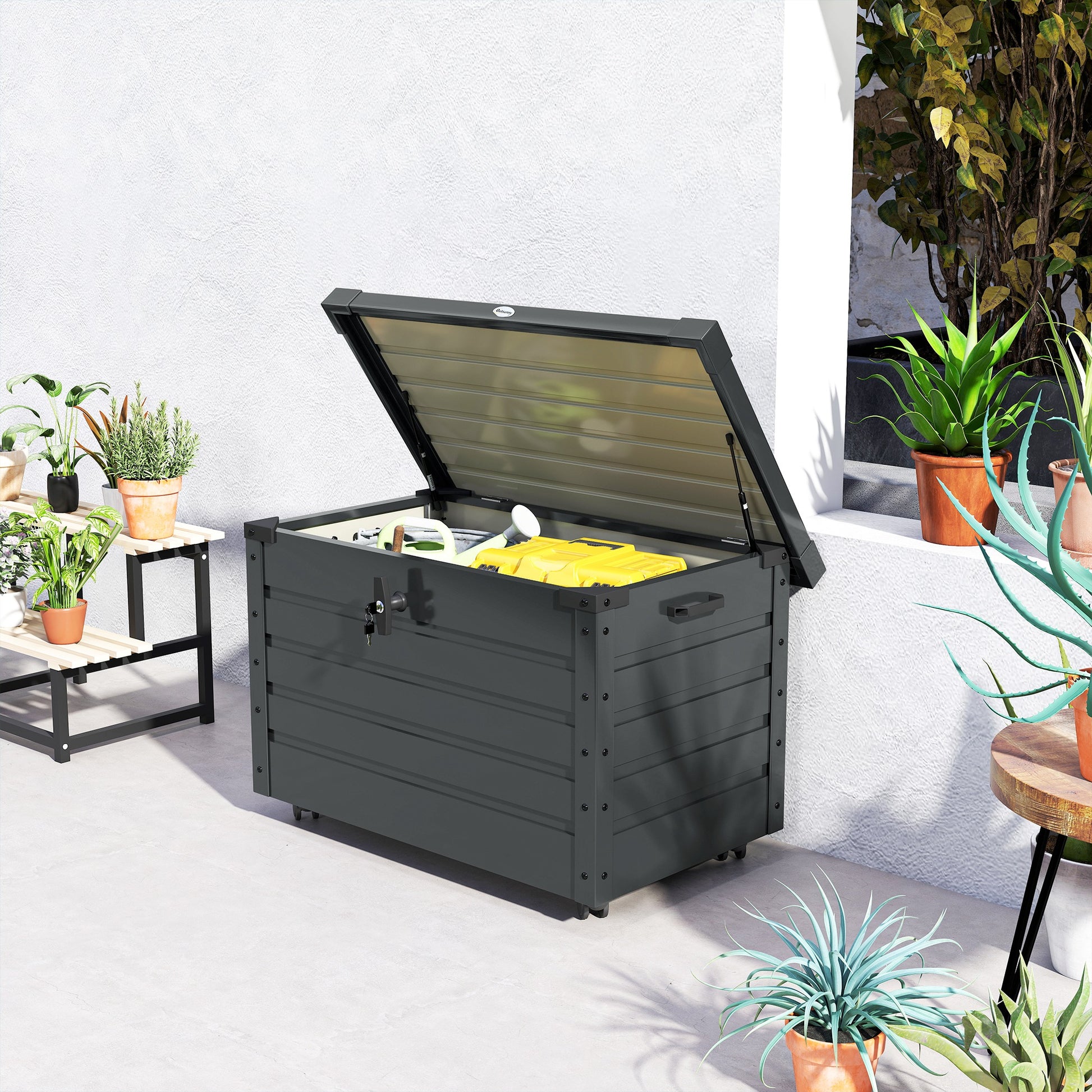 Outsunny Arcón Exterior Capacidad 295L, Baúl de Almacenaje de Acero Galvanizado con 4 Ruedas, 2 Asas y Tapa con Cerradura, Impermeable, para Jardín, Terraza, Patio, 100x62x65 cm, Gris Oscuro