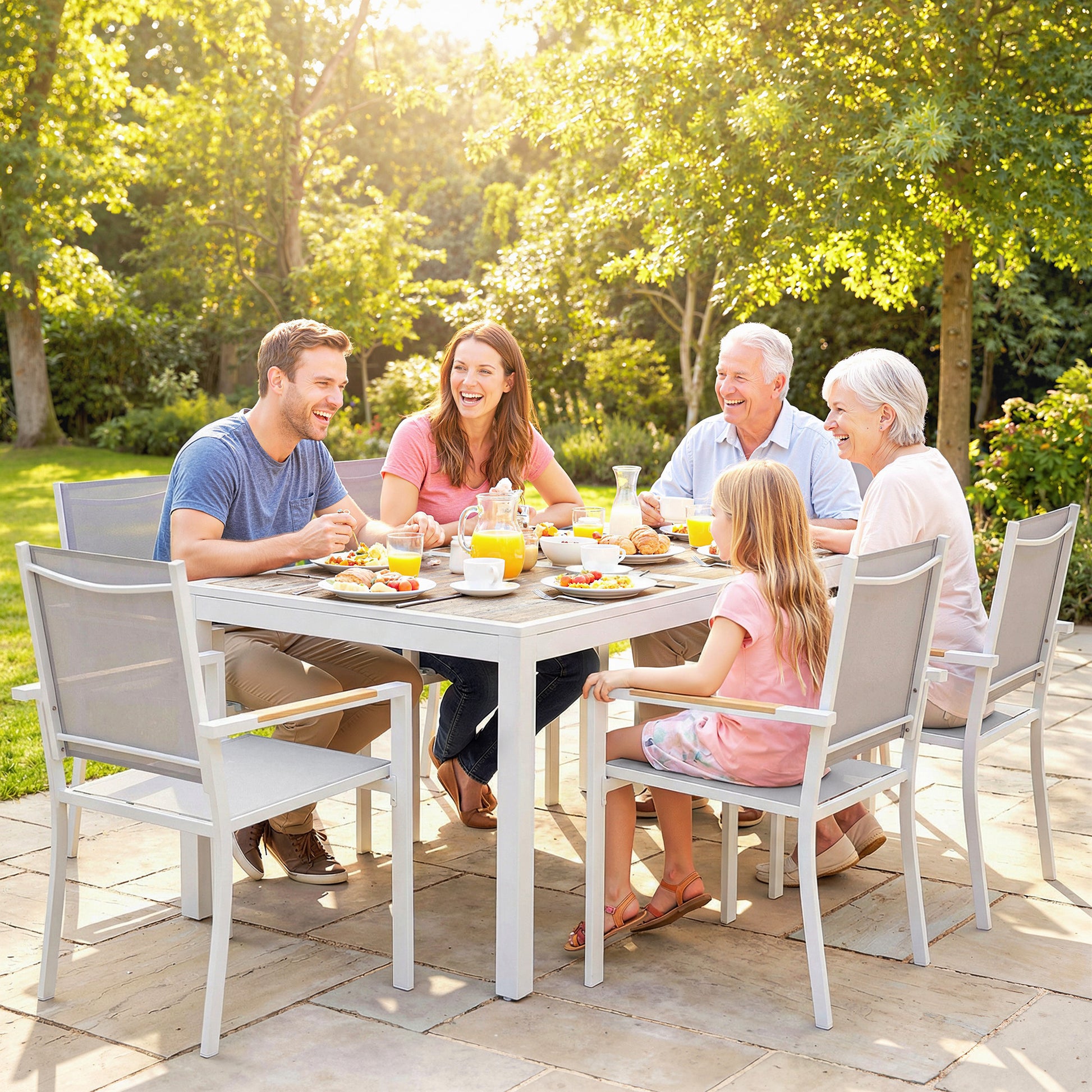 Outsunny Conjunto de Mesa y Sillas Jardín de 7 Piezas, Muebles Jardín Exterior con Mesa de Plástico PSPC, 6 Sillas Apilables Transpirables, Marco de Acero Resistente a la Intemperie, Blanco