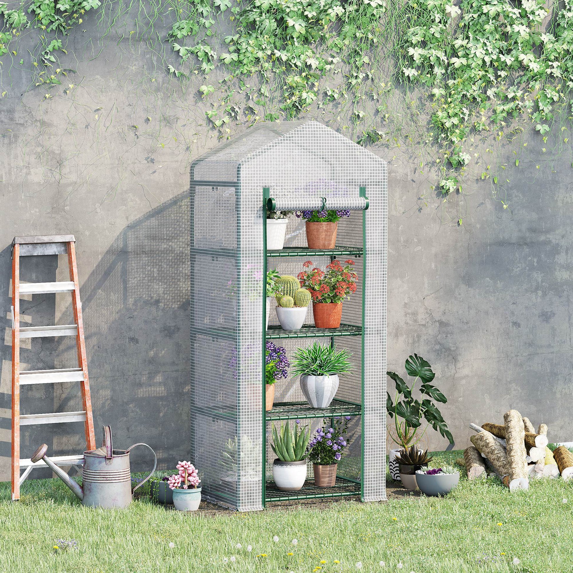Outsunny Invernadero de Jardín con 4 Estantes y Cubierta de PE Tipo Caseta de Tubo Acero Vivero Casero para Cultivo de Plantas Flores Macetas 70x50x160 cm Blanco