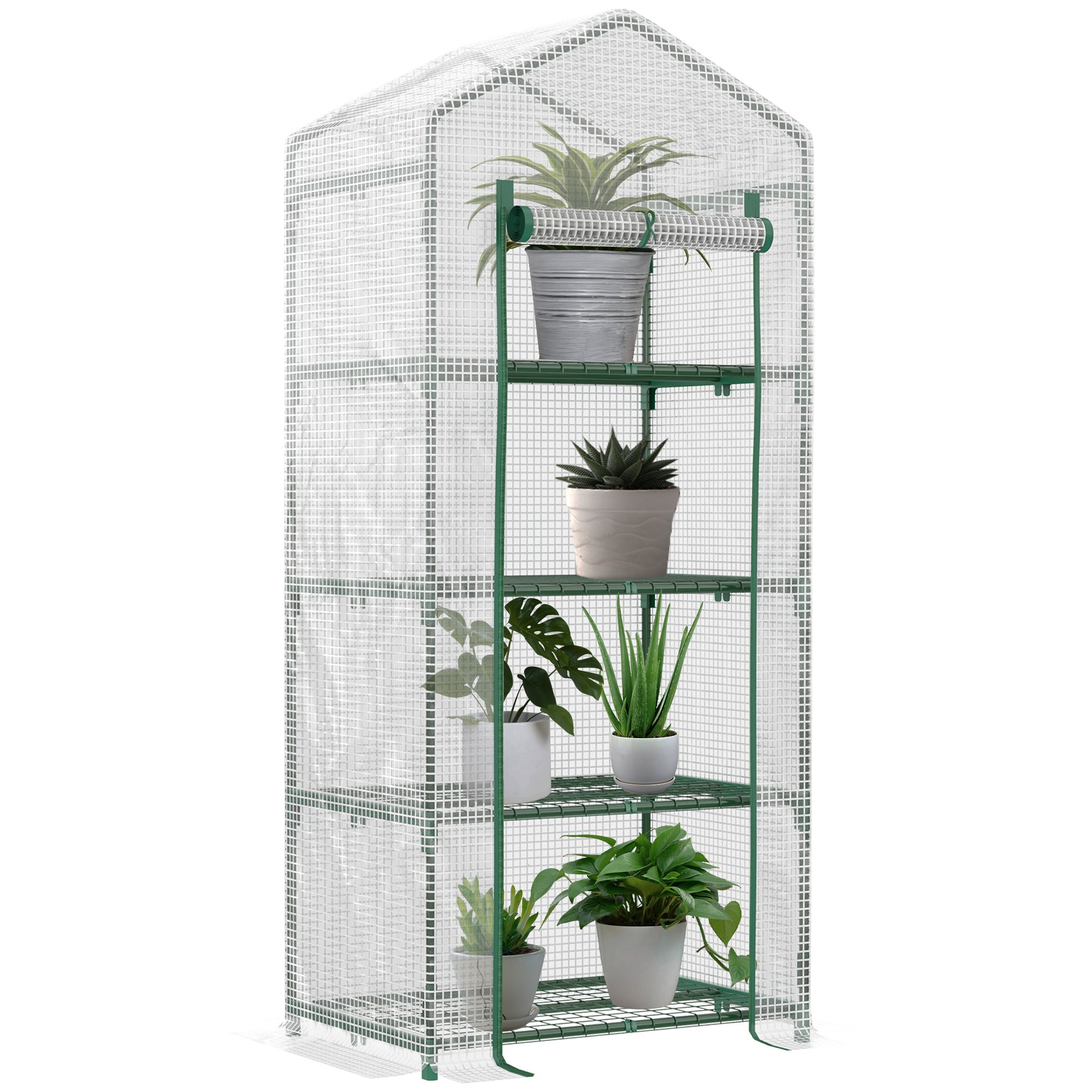 Outsunny Invernadero de Jardín con 4 Estantes y Cubierta de PE Tipo Caseta de Tubo Acero Vivero Casero para Cultivo de Plantas Flores Macetas 70x50x160 cm Blanco