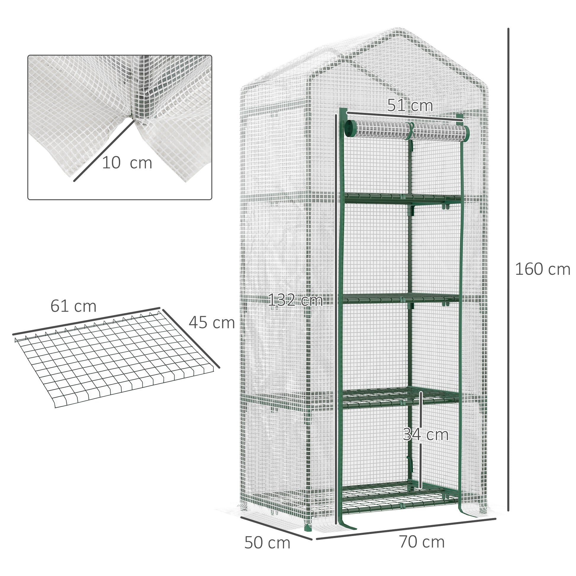 Outsunny Invernadero de Jardín con 4 Estantes y Cubierta de PE Tipo Caseta de Tubo Acero Vivero Casero para Cultivo de Plantas Flores Macetas 70x50x160 cm Blanco