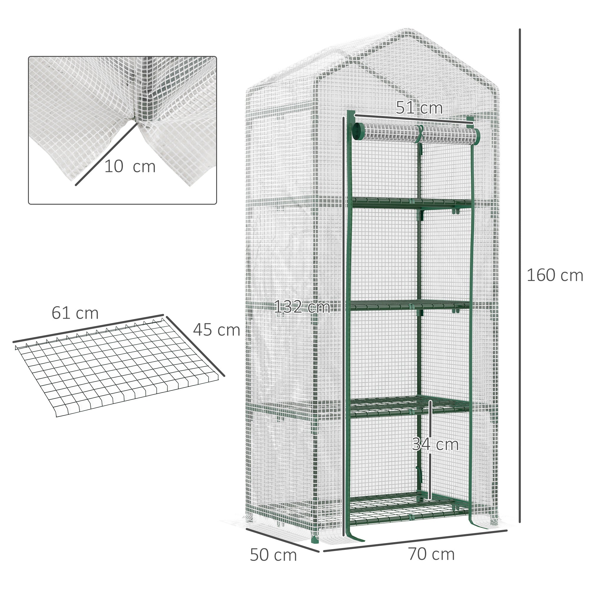 Outsunny Invernadero de Jardín con 4 Estantes y Cubierta de PE Tipo Caseta de Tubo Acero Vivero Casero para Cultivo de Plantas Flores Macetas 70x50x160 cm Blanco