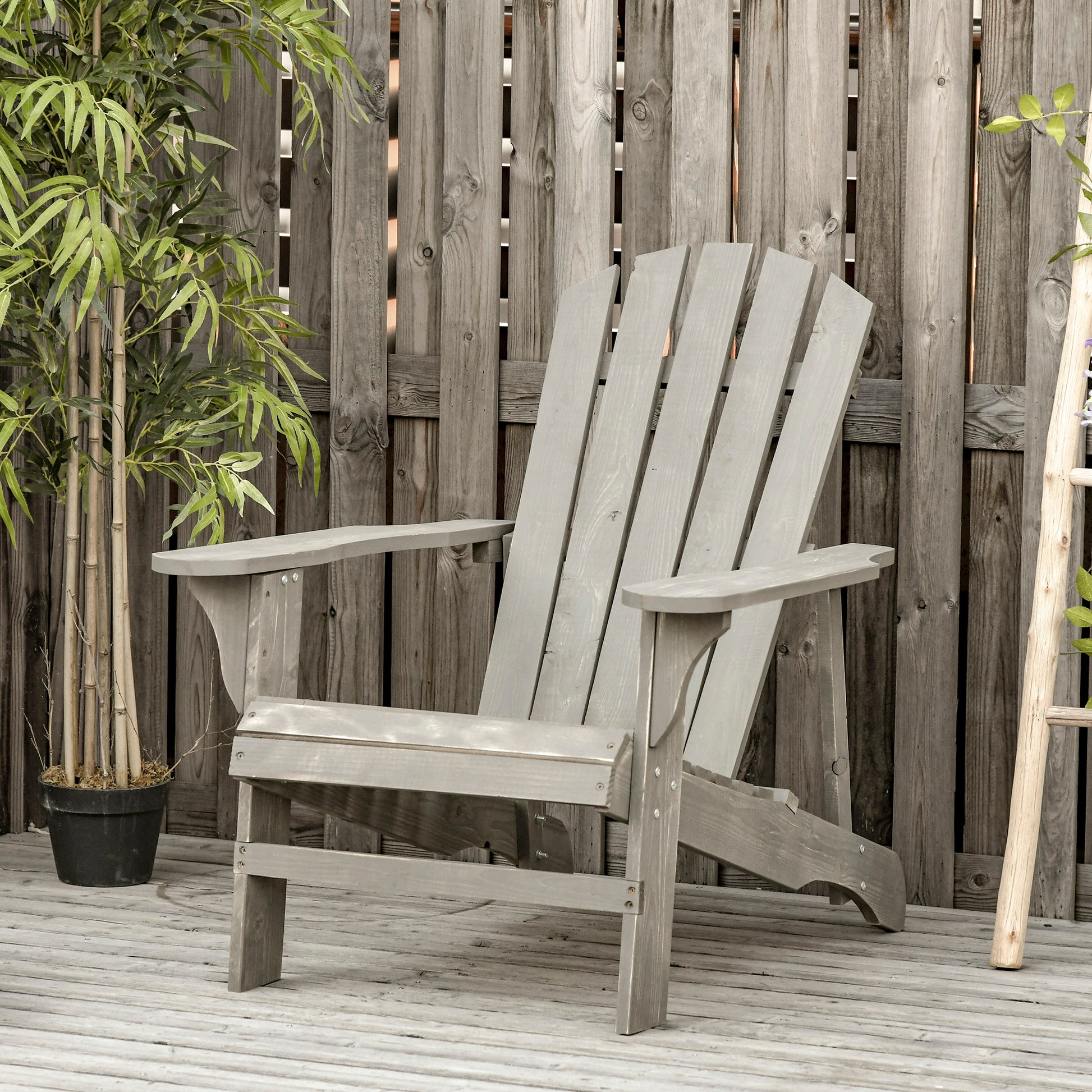 Outsunny Silla Adirondack de Madera Silla de Jardín con Asiento Extra Ancho Carga 150 kg para Patio Terraza Balcón 78x89x88 cm Gris Claro