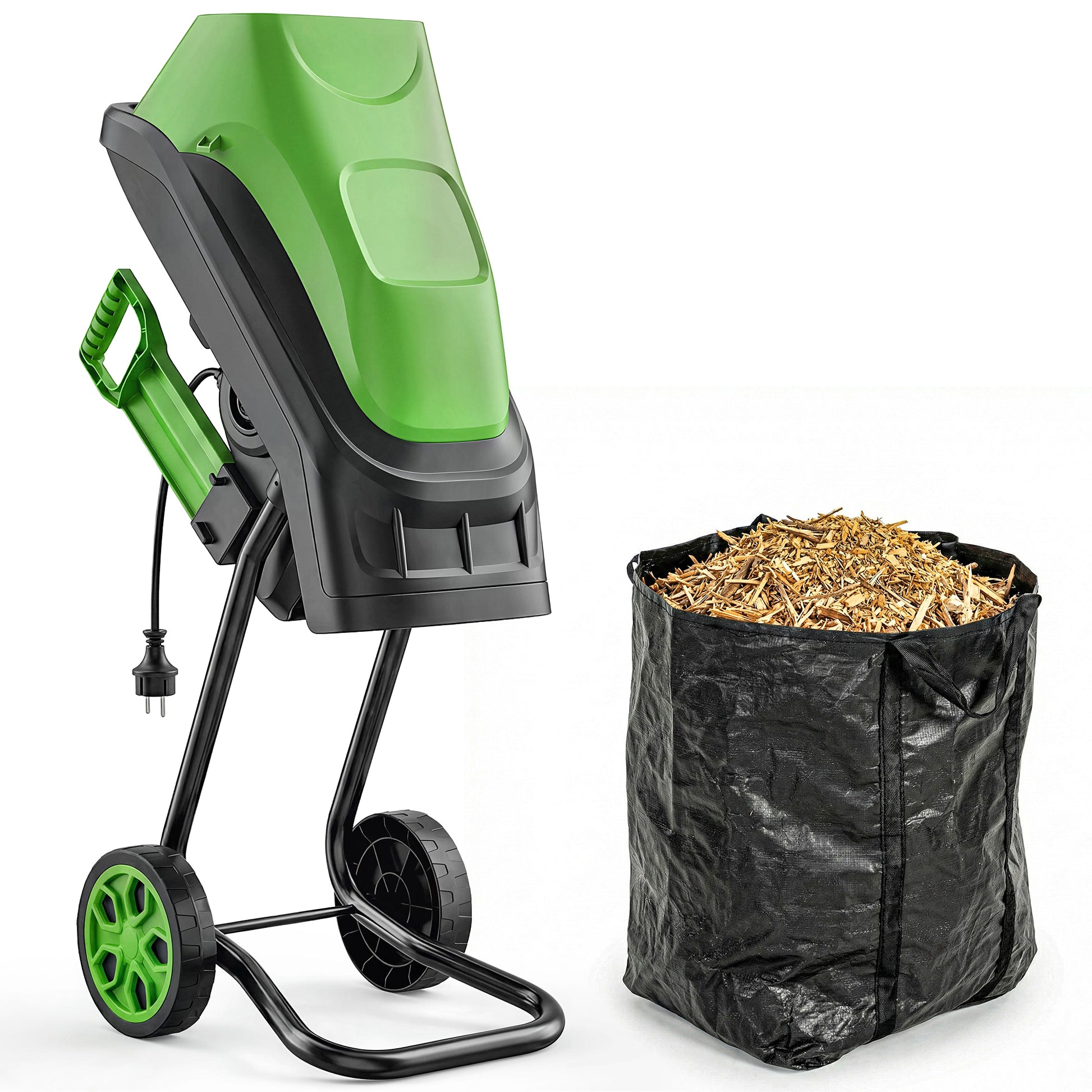 Outsunny Trituradora de Ramas Eléctrica 2500W, Trituradora de Jardín con 2 Cuchillas Reversibles hasta Ø44 mm de Ramas, Bolsa de Recolección de 45L, Ruedas y Protección de Sobrecarga, Verde