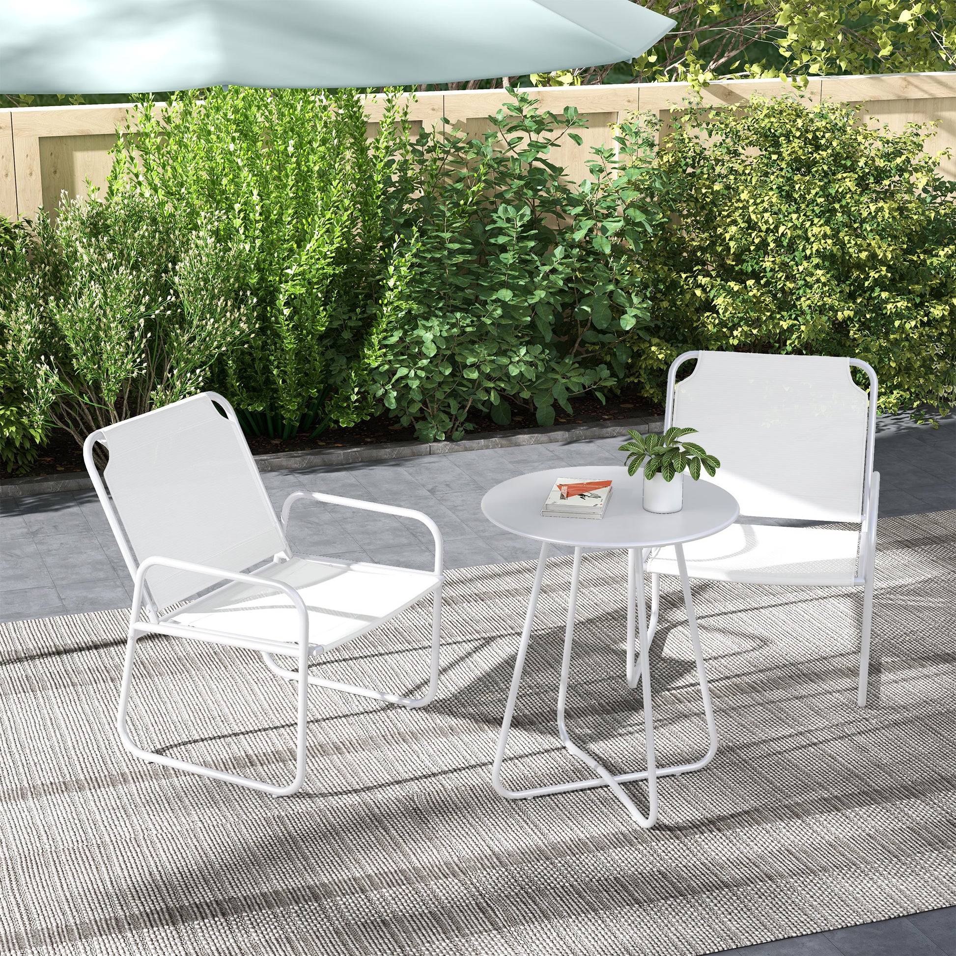 Outsunny Conjunto de Jardín Exterior Muebles de Jardín Exterior Juego de 1 Mesa Redonda y 2 Sillas de Terraza con Marco de Acero Reposabrazos y Almohadillas Ajustables para los Pies Blanco