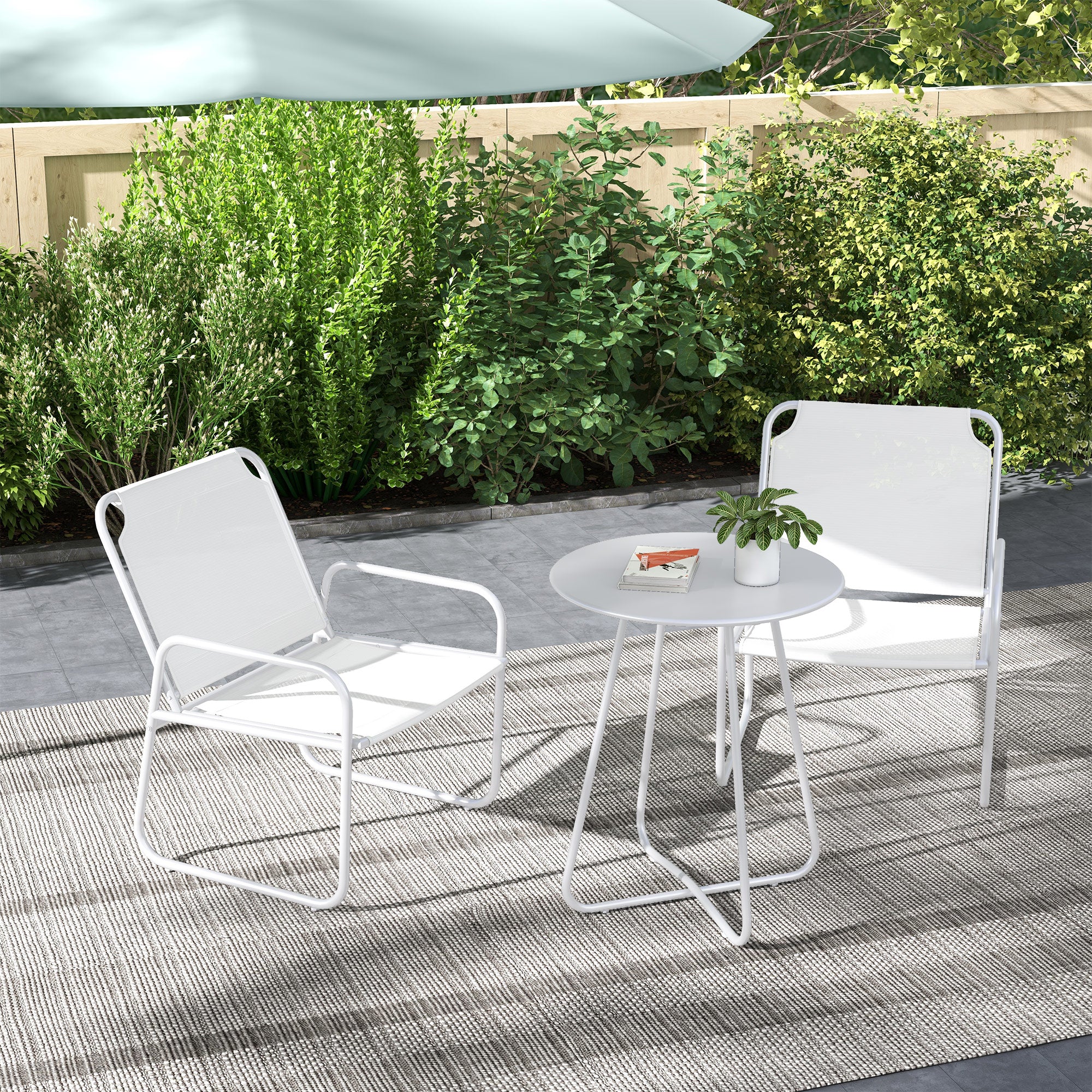 Outsunny Conjunto de Jardín Exterior Muebles de Jardín Exterior Juego de 1 Mesa Redonda y 2 Sillas de Terraza con Marco de Acero Reposabrazos y Almohadillas Ajustables para los Pies Blanco