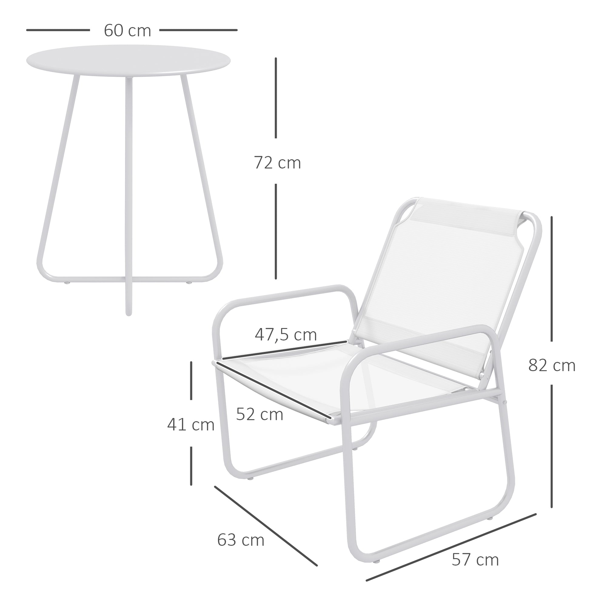 Outsunny Conjunto de Jardín Exterior Muebles de Jardín Exterior Juego de 1 Mesa Redonda y 2 Sillas de Terraza con Marco de Acero Reposabrazos y Almohadillas Ajustables para los Pies Blanco