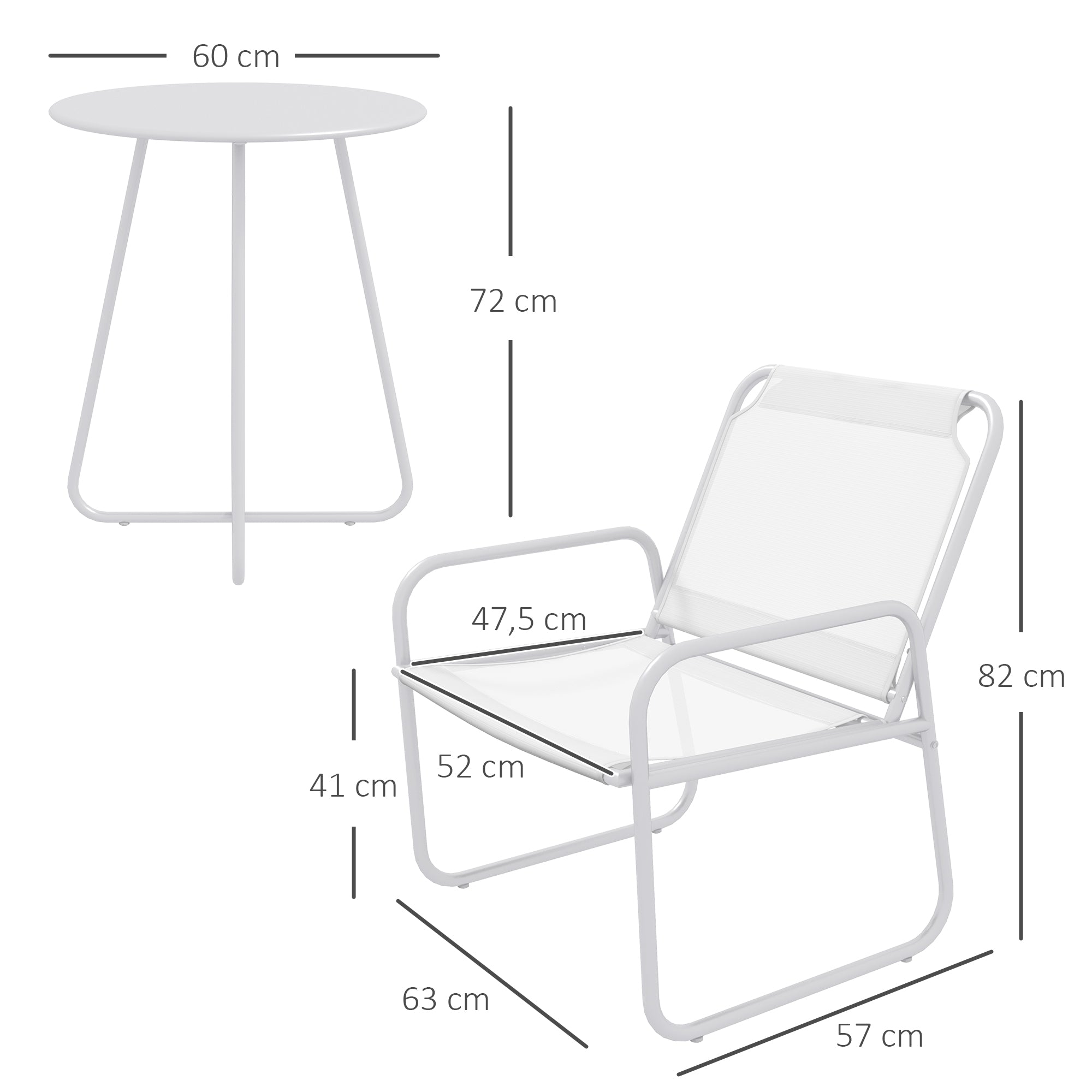 Outsunny Conjunto de Jardín Exterior Muebles de Jardín Exterior Juego de 1 Mesa Redonda y 2 Sillas de Terraza con Marco de Acero Reposabrazos y Almohadillas Ajustables para los Pies Blanco