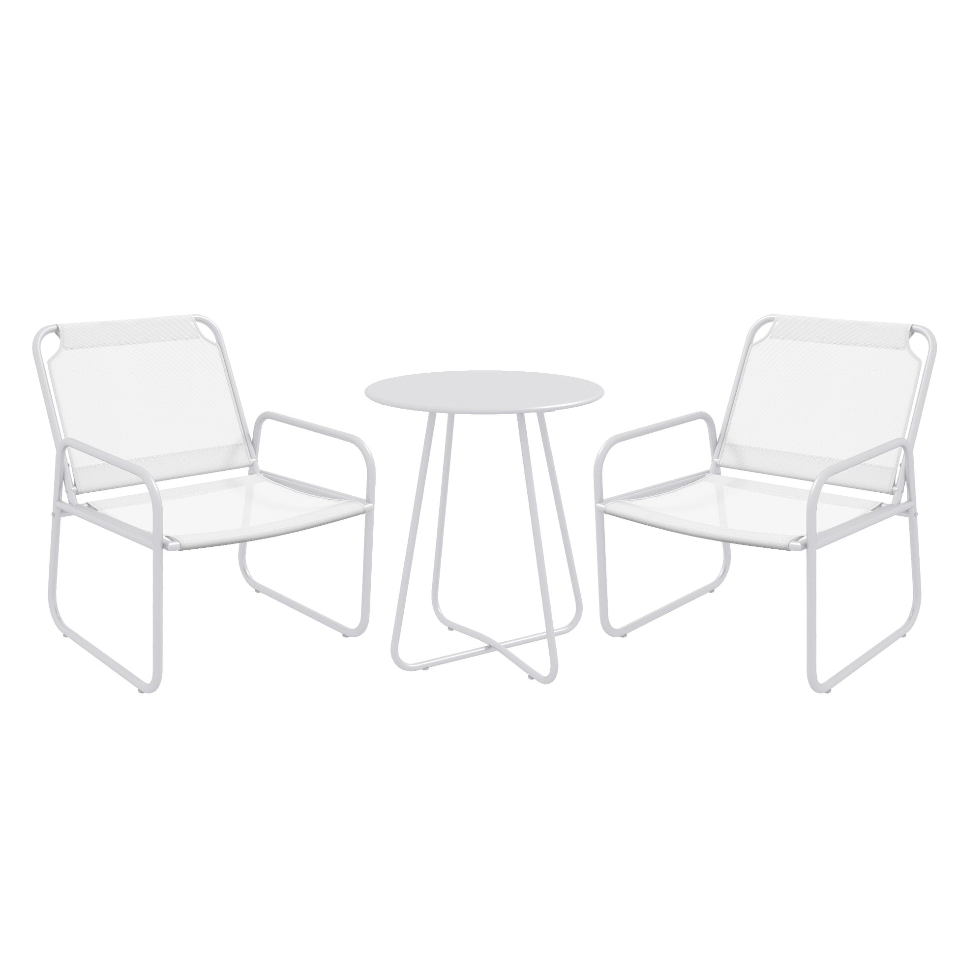 Outsunny Conjunto de Jardín Exterior Muebles de Jardín Exterior Juego de 1 Mesa Redonda y 2 Sillas de Terraza con Marco de Acero Reposabrazos y Almohadillas Ajustables para los Pies Blanco