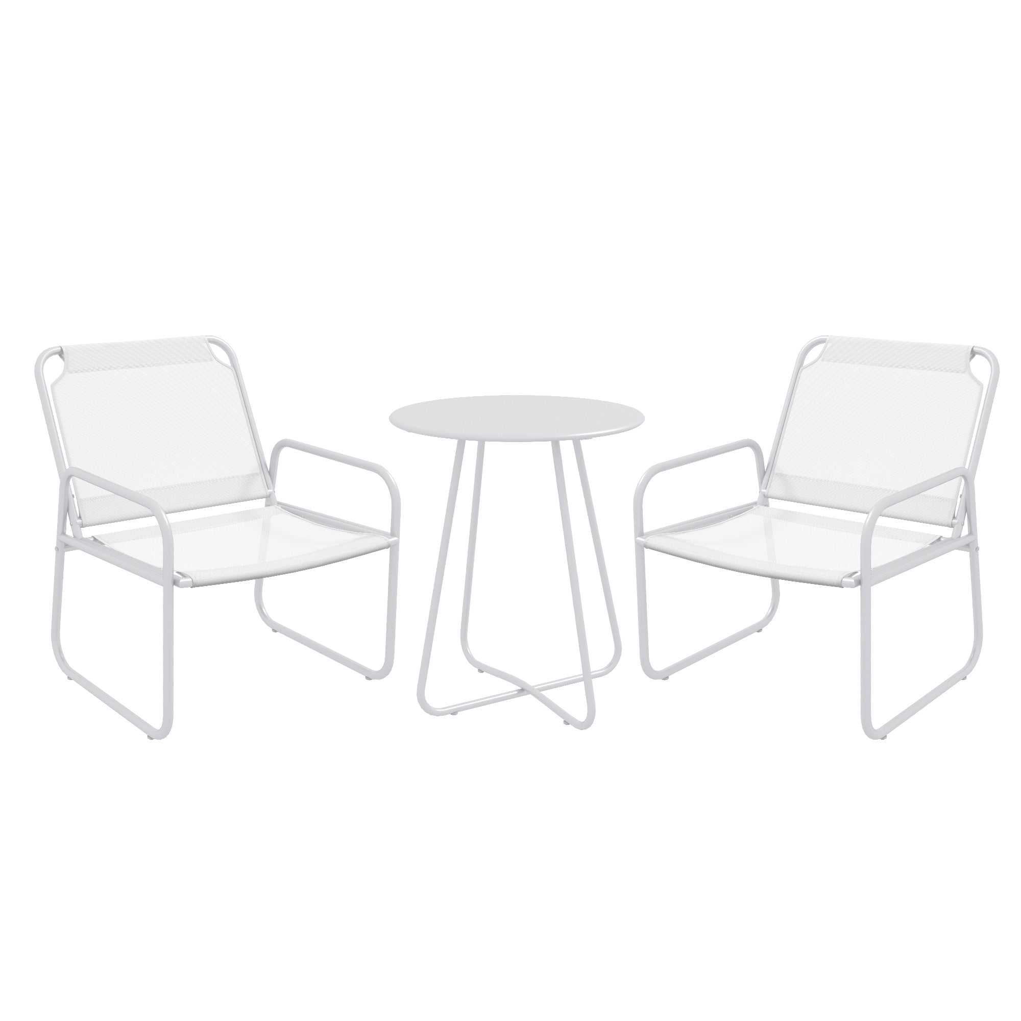 Outsunny Conjunto de Jardín Exterior Muebles de Jardín Exterior Juego de 1 Mesa Redonda y 2 Sillas de Terraza con Marco de Acero Reposabrazos y Almohadillas Ajustables para los Pies Blanco