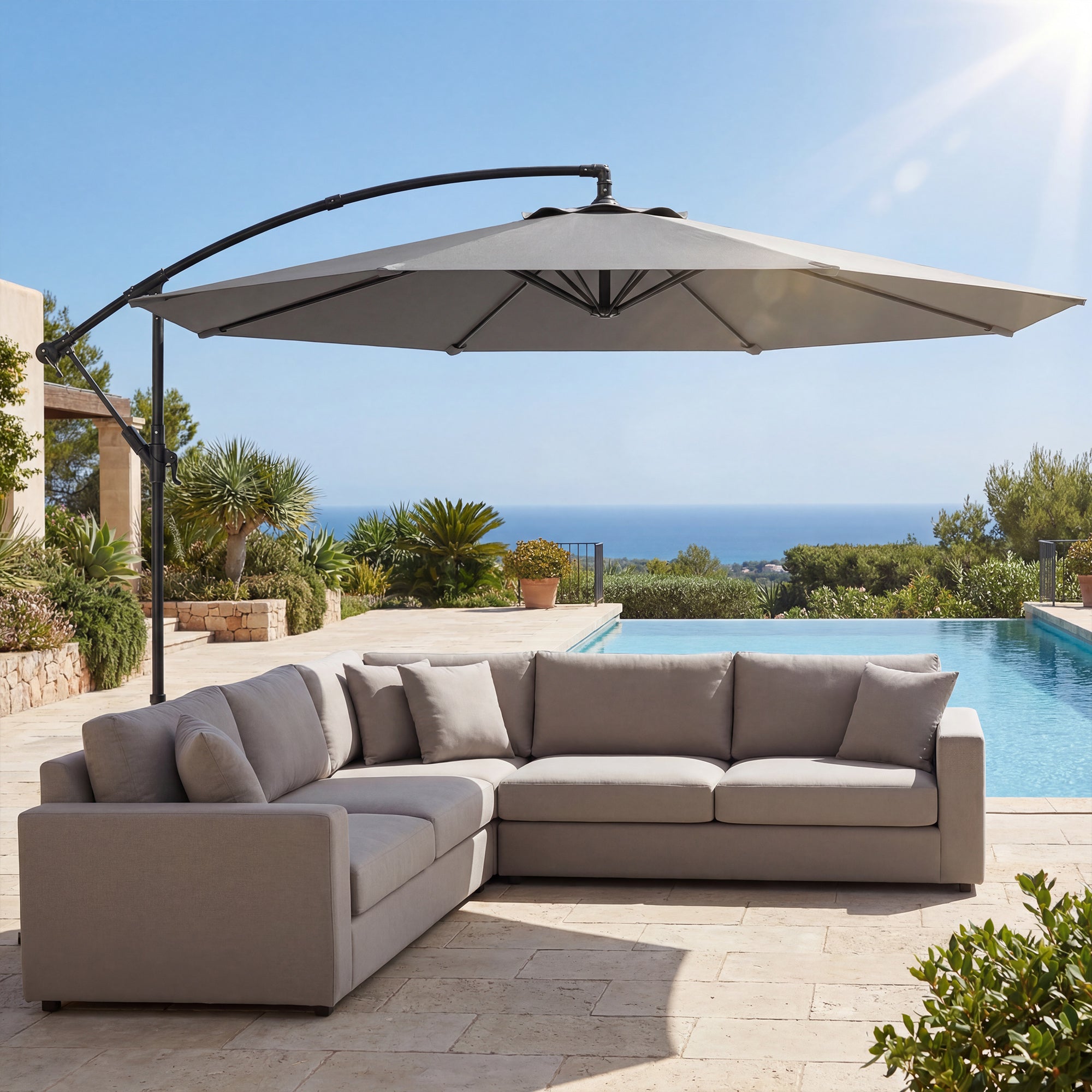 Outsunny Parasol Excéntrico, Ø300 cm, Sombrilla de Jardín con Base Cruzada, Toldo Ajustable, Manivela, 8 Barras, UPF30+, para Terraza, Patio, Exterior, Gris