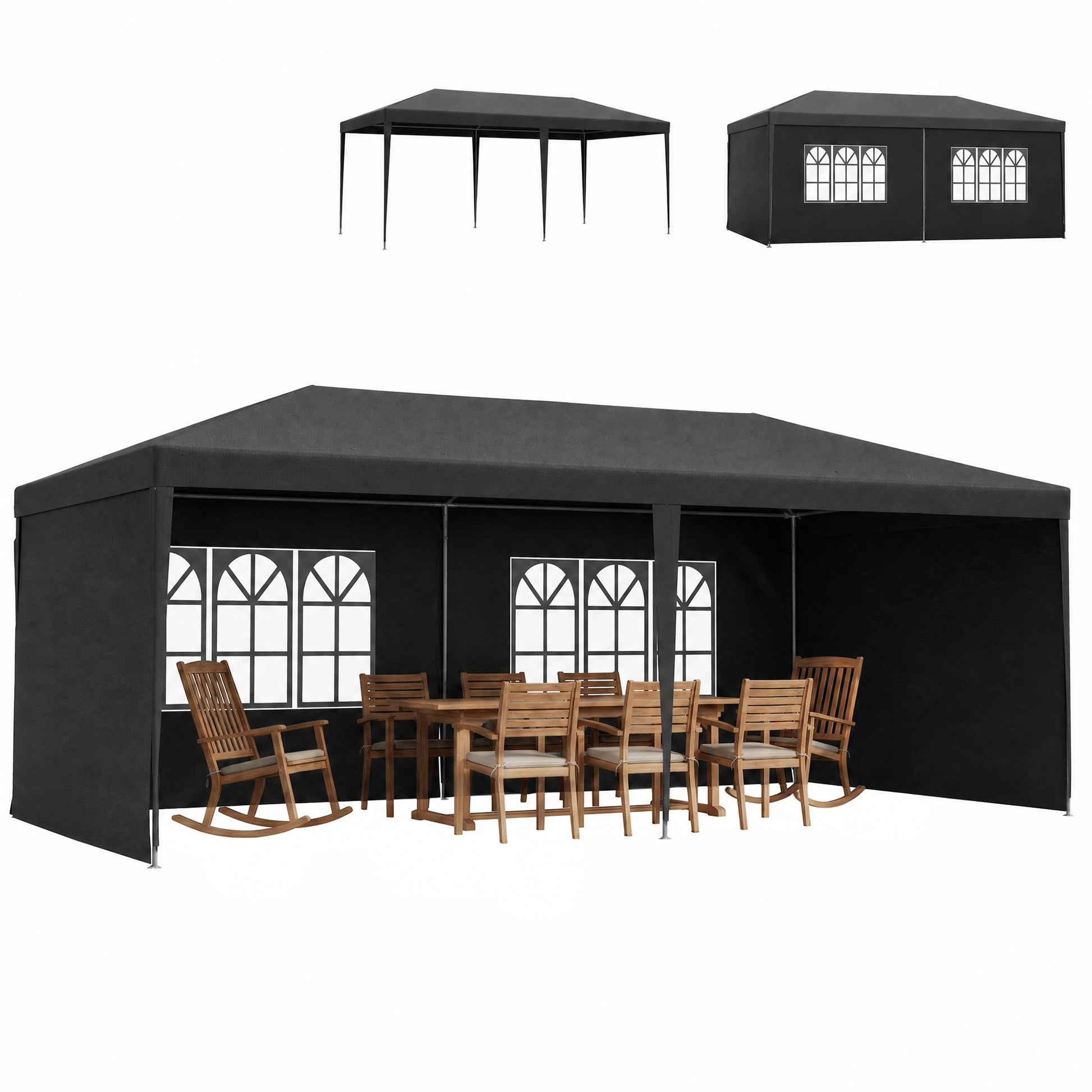 Outsunny Carpa de Jardín 6x3 m Cenador Pabellón de Jardín con 4 Paredes Laterales y 2 Ventanas Visibles, Marco de Acero, Anti-UV, Impermeable, Gazebo para Patio, Exterior, Camping, Gris Oscuro